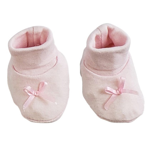 A pair of soft pink preemie booties made from 100% cotton, designed for newborns, featuring a rib knit texture.