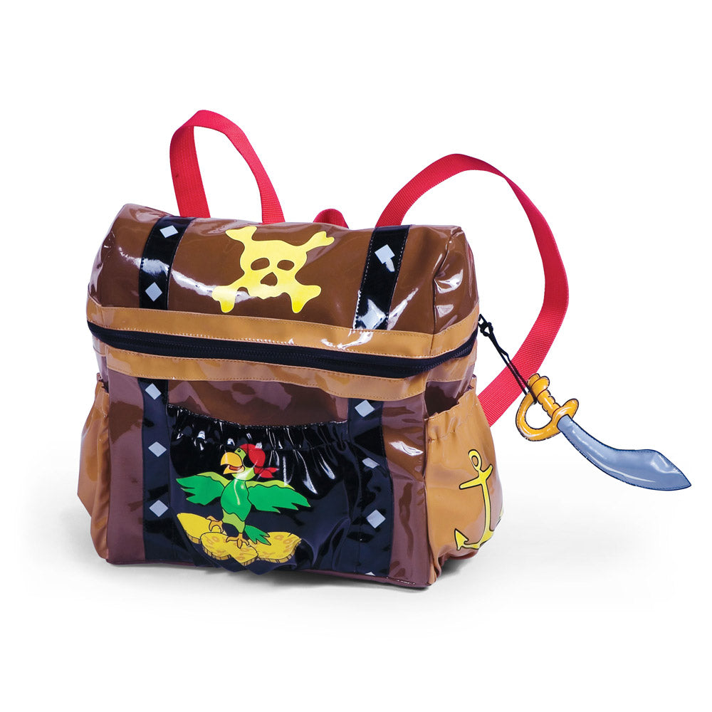 Kidorable Pirate Backpack featuring a treasure chest pocket and stuffed sword toy, perfect for toddlers.