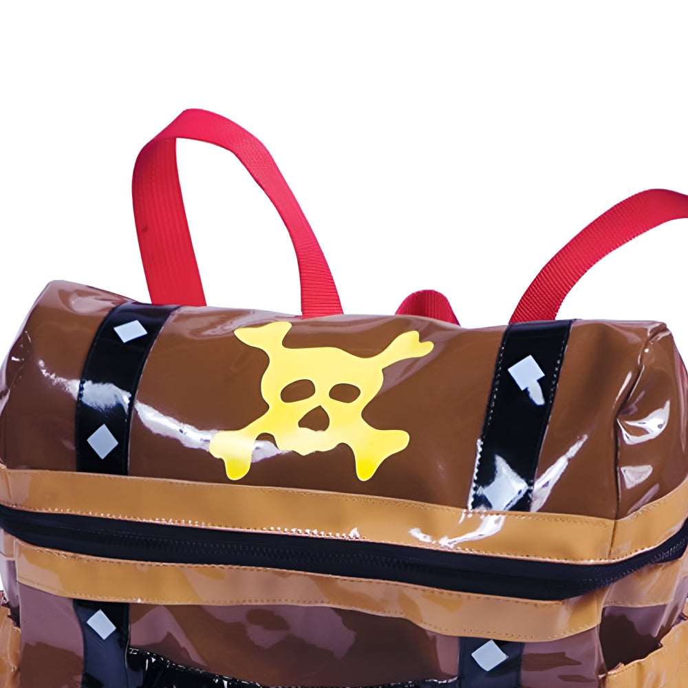 Kidorable Pirate Backpack featuring a treasure chest pocket and stuffed sword toy, perfect for toddlers.