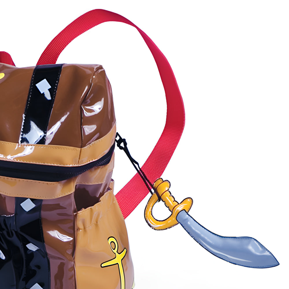 Kidorable Pirate Backpack featuring a treasure chest pocket and stuffed sword toy, perfect for toddlers.