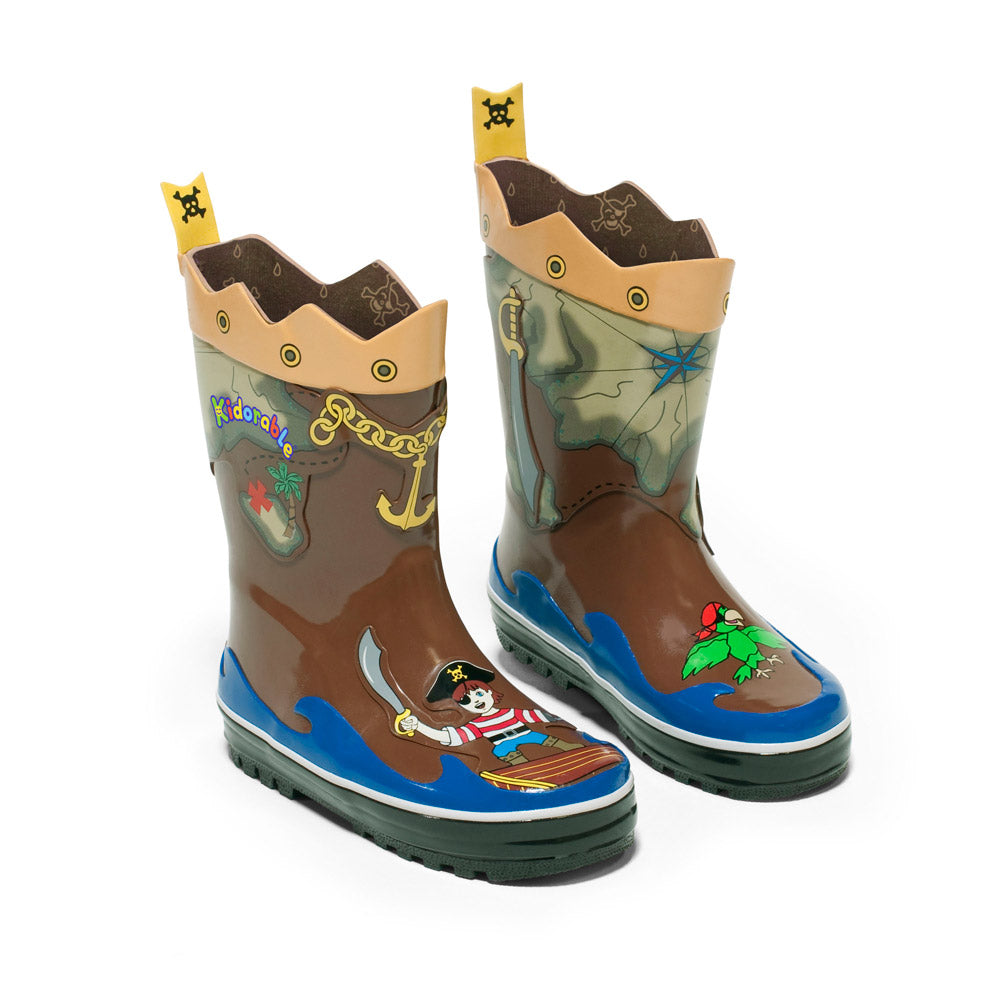 Kidorable Pirate Rain Boots featuring vibrant pirate designs with a sword, treasure map, and skull and crossbones heel tab.