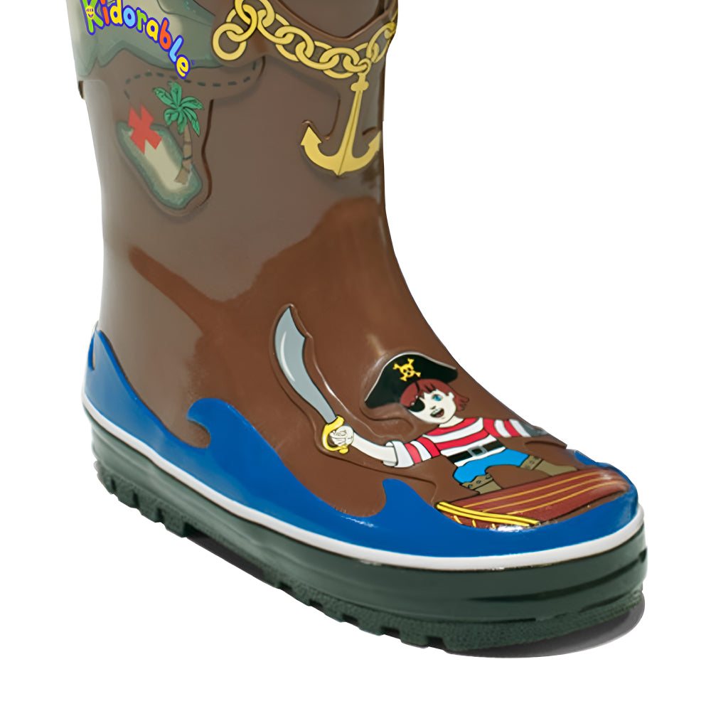 Kidorable Pirate Rain Boots featuring vibrant pirate designs with a sword, treasure map, and skull and crossbones heel tab.