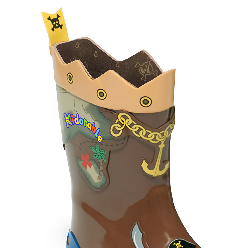 Kidorable Pirate Rain Boots featuring vibrant pirate designs with a sword, treasure map, and skull and crossbones heel tab.