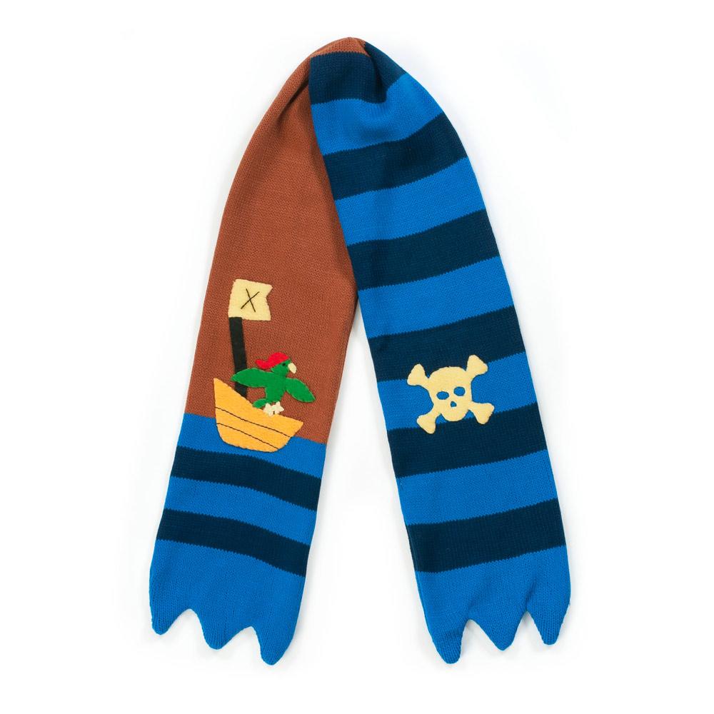 Kidorable Pirate Scarf, a handmade lightweight acrylic knit scarf designed for kids, featuring a playful pirate theme.