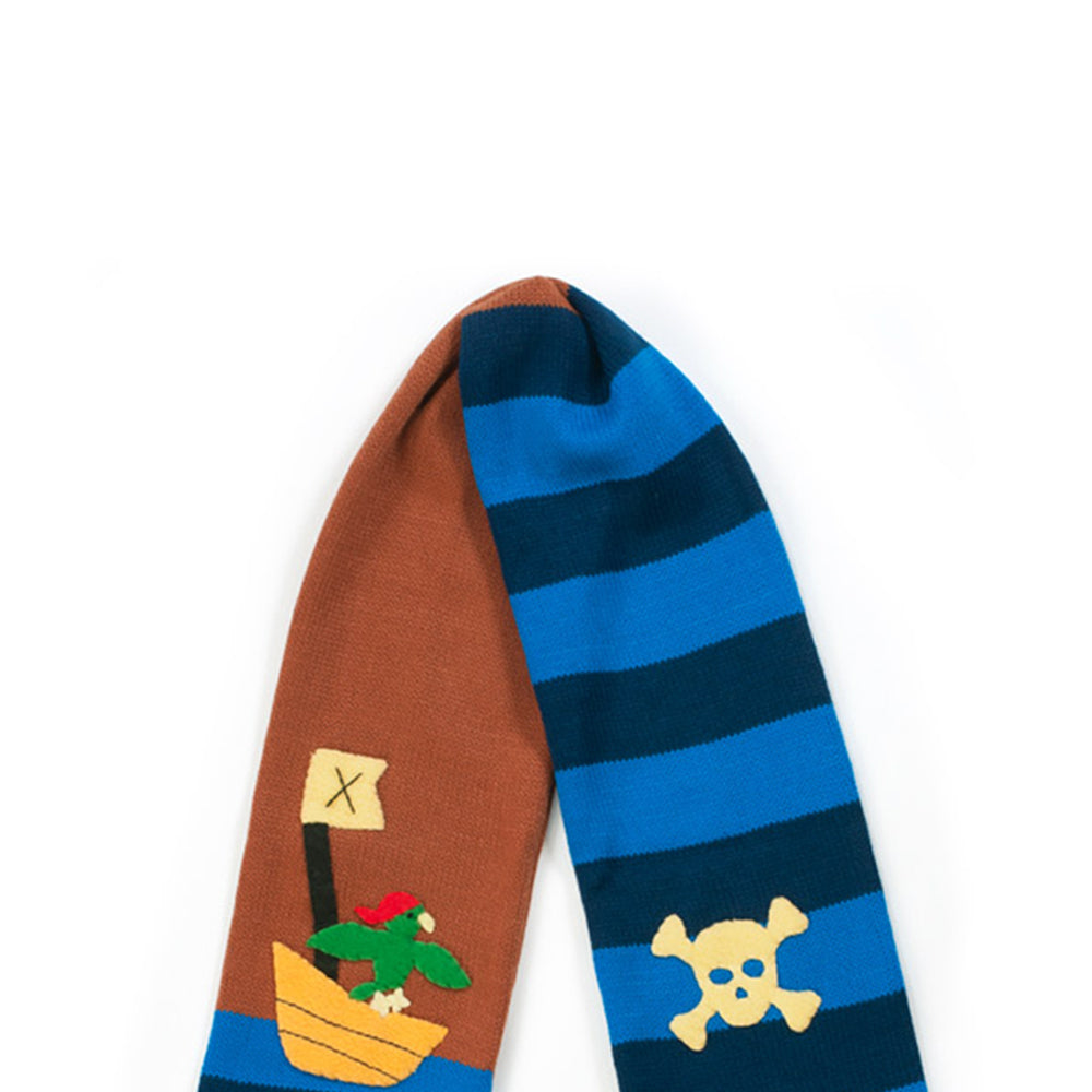 Kidorable Pirate Scarf, a handmade lightweight acrylic knit scarf designed for kids, featuring a playful pirate theme.