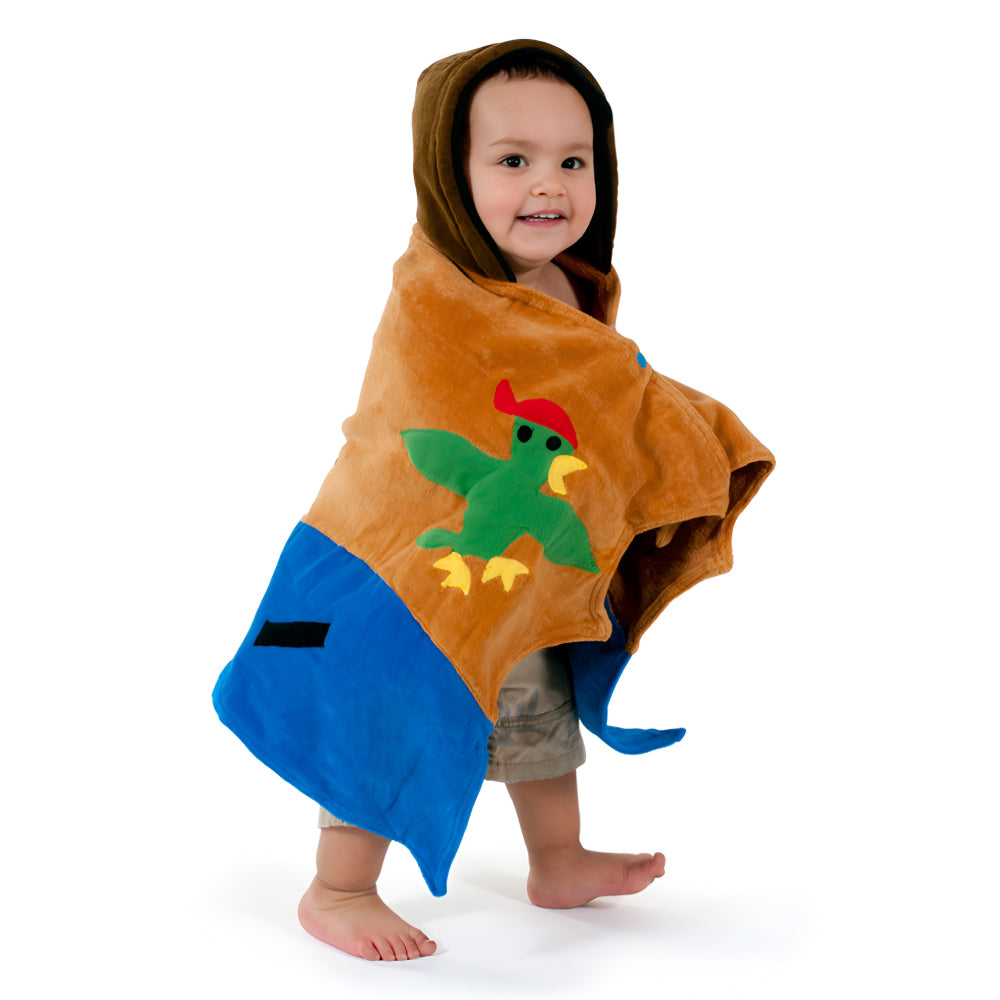 Kidorable Pirate Towel featuring a fun pirate hood and eye patch, made from soft cotton, perfect for kids after bath or pool time.