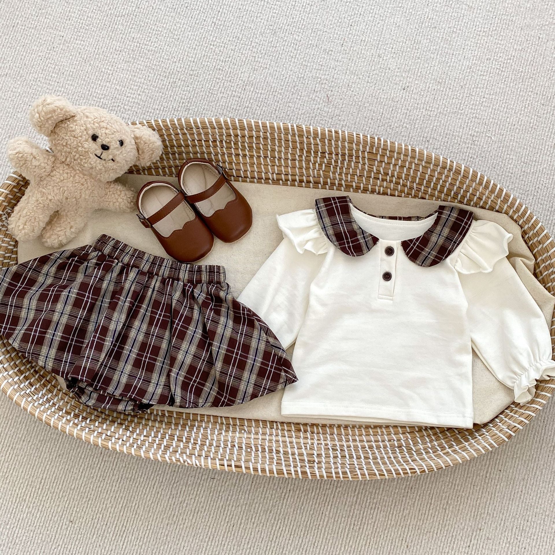 Plaid Pattern College Style Shirt & Skirt Set for baby girls in black cotton, perfect for autumn wear.