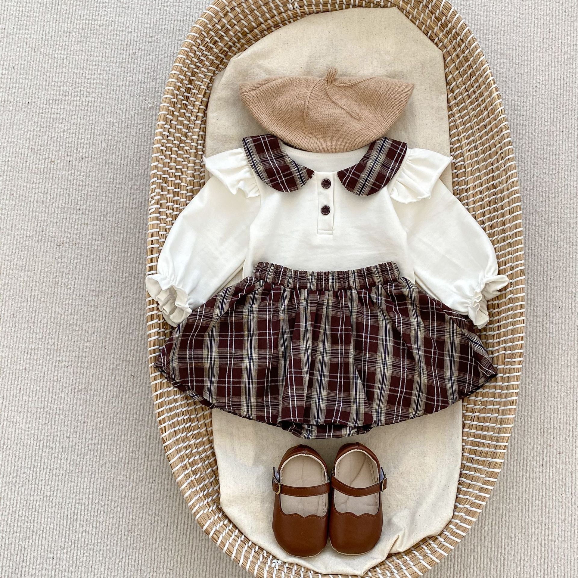 Plaid Pattern College Style Shirt & Skirt Set for baby girls in black cotton, perfect for autumn wear.