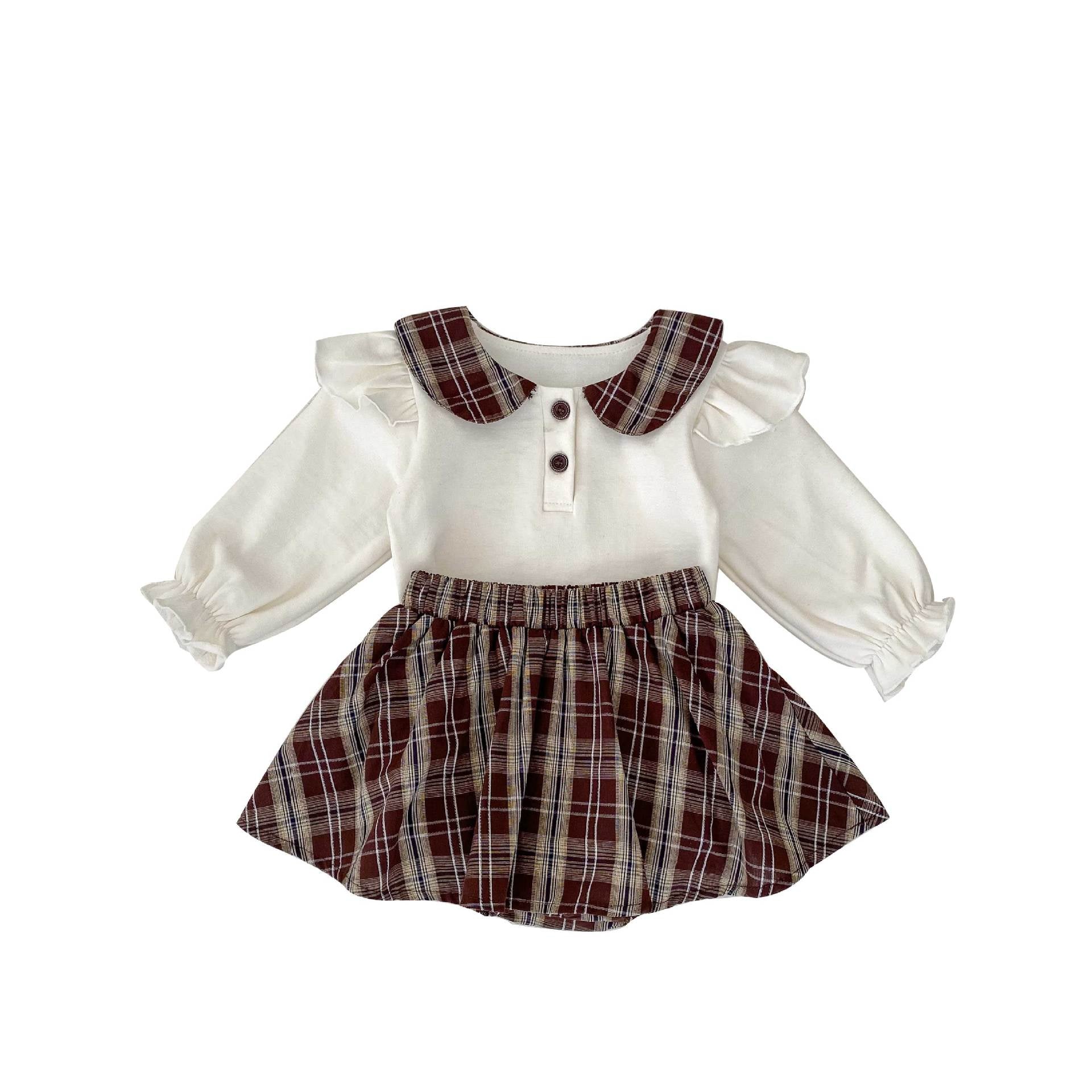 Plaid Pattern College Style Shirt & Skirt Set for baby girls in black cotton, perfect for autumn wear.