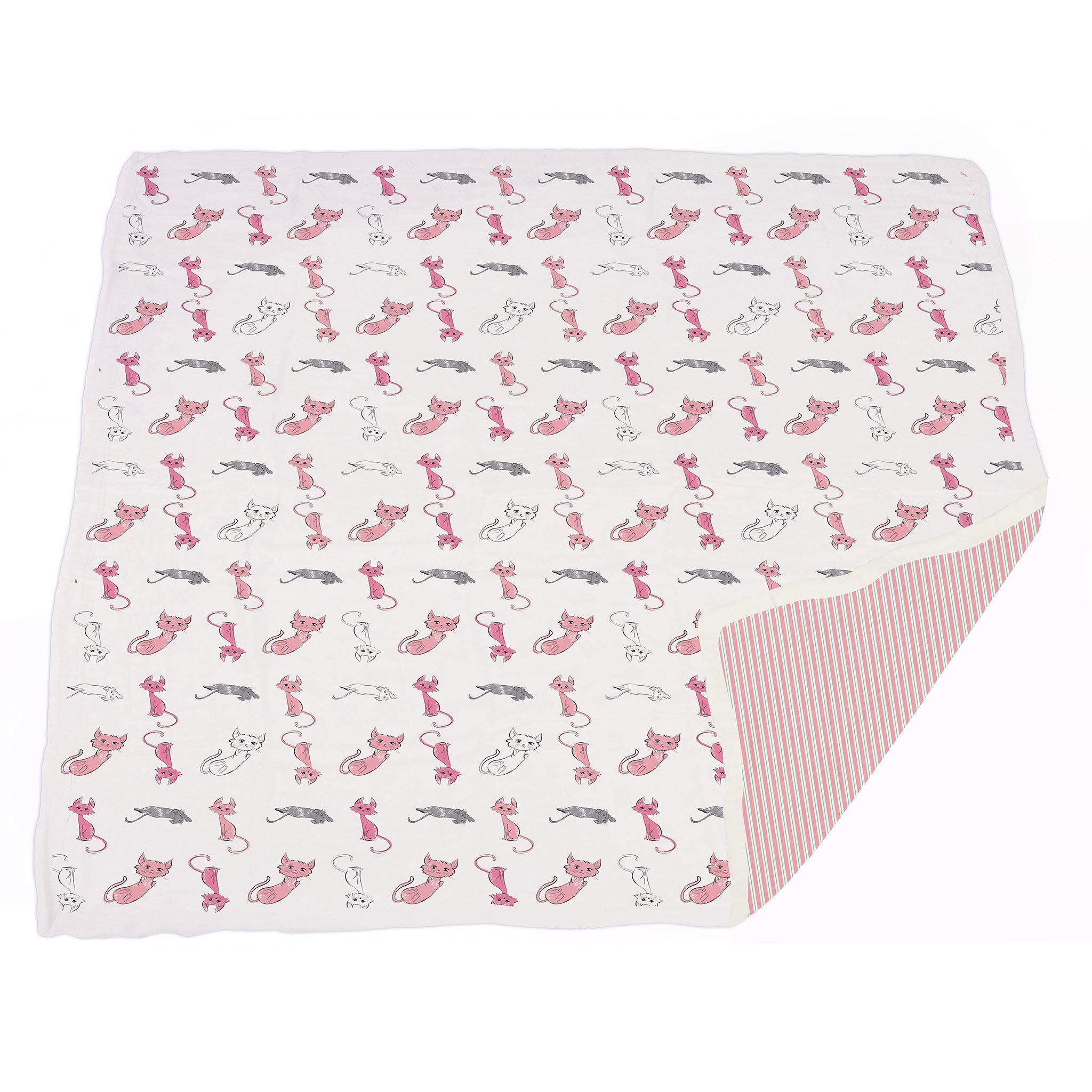 Playful Kitty and Candy Stripe Bamboo Muslin Blanket, featuring a soft and cozy design perfect for children.