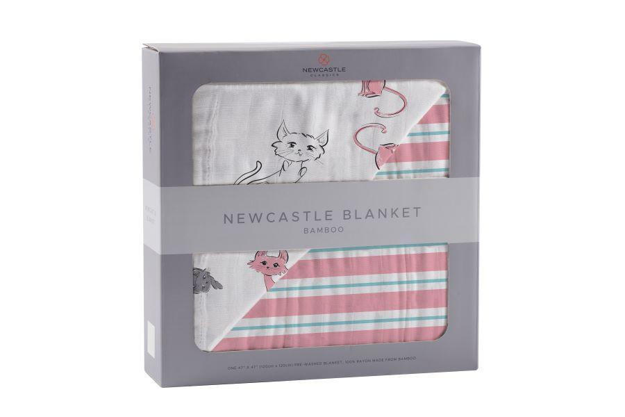 Playful Kitty and Candy Stripe Bamboo Muslin Blanket, featuring a soft and cozy design perfect for children.