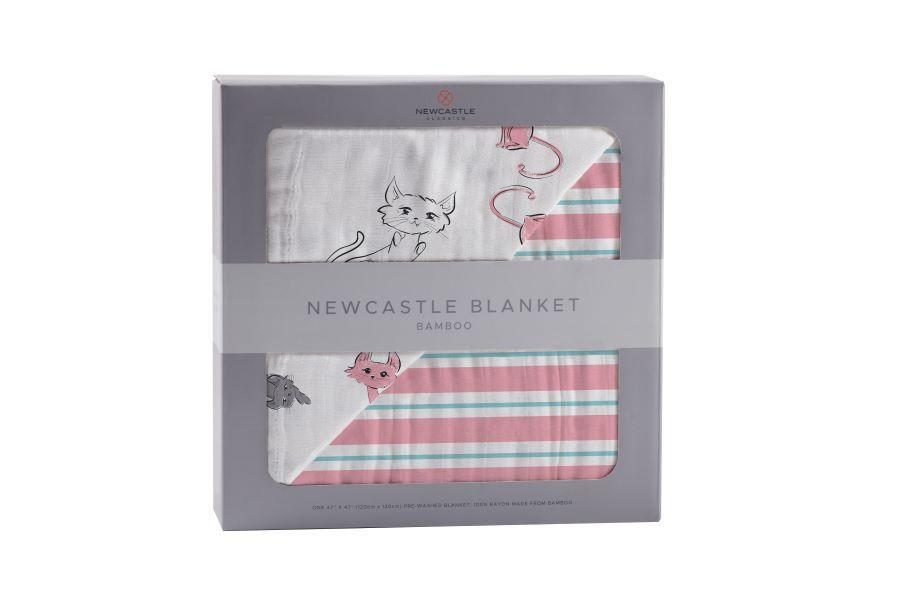 Playful Kitty and Candy Stripe Bamboo Muslin Blanket, featuring a soft and cozy design perfect for children.