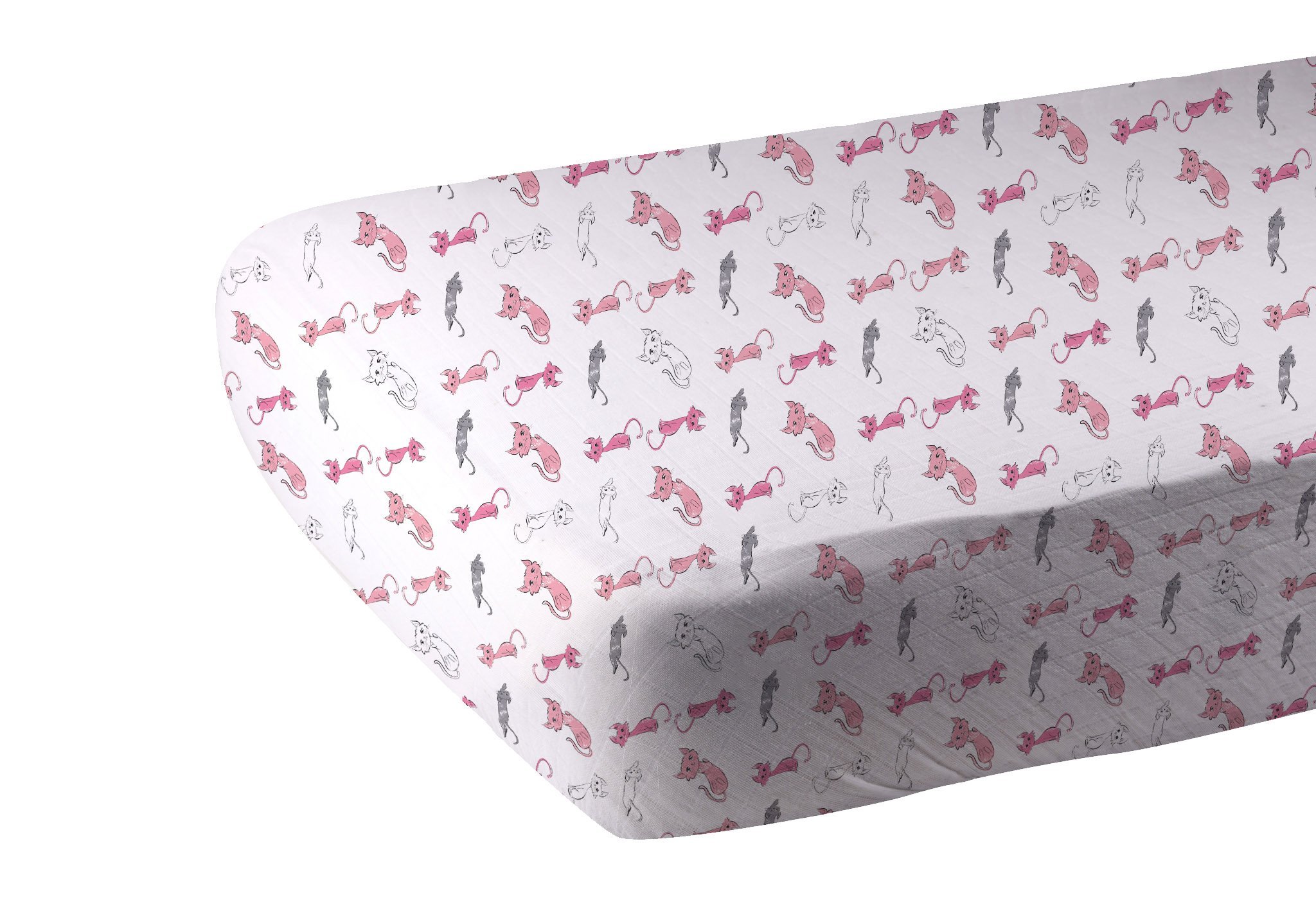 Playful Kitty Bamboo Muslin Crib Sheet featuring a cute kitty design, soft texture, and breathable fabric, perfect for baby cribs.