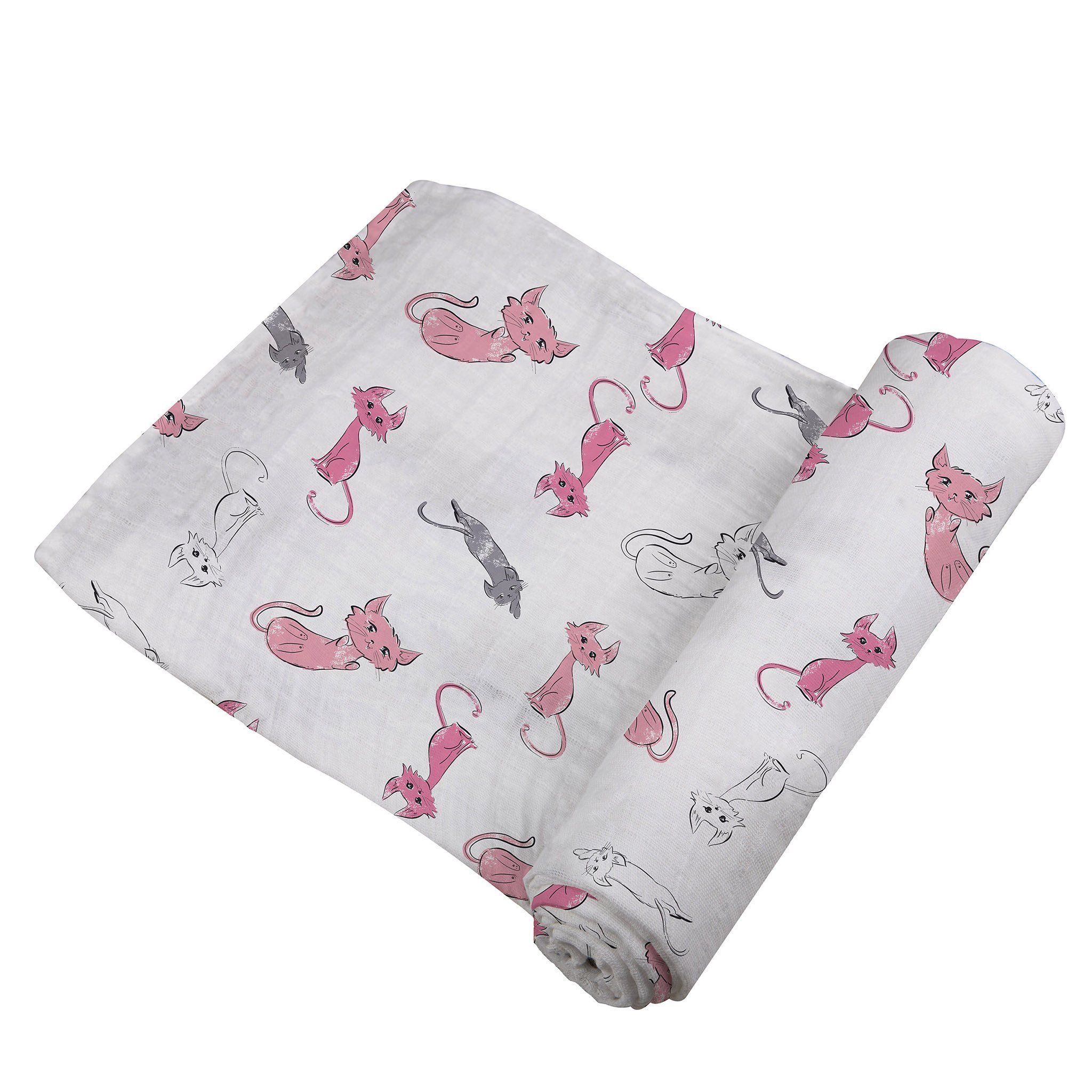 Playful Kitty Bamboo Muslin Swaddle featuring soft, breathable fabric with playful designs, perfect for swaddling and versatile use.