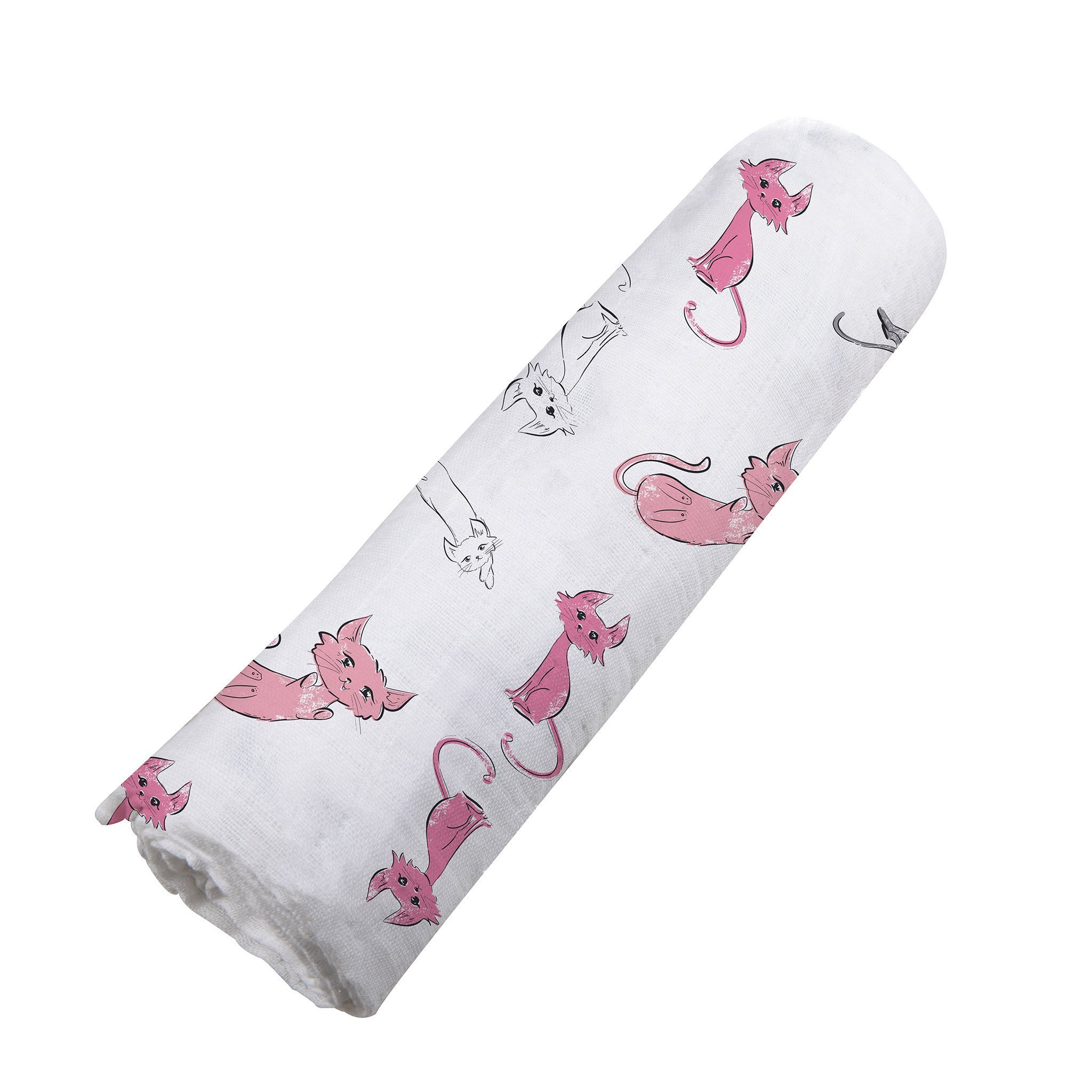 Playful Kitty Bamboo Muslin Swaddle featuring soft, breathable fabric with playful designs, perfect for swaddling and versatile use.