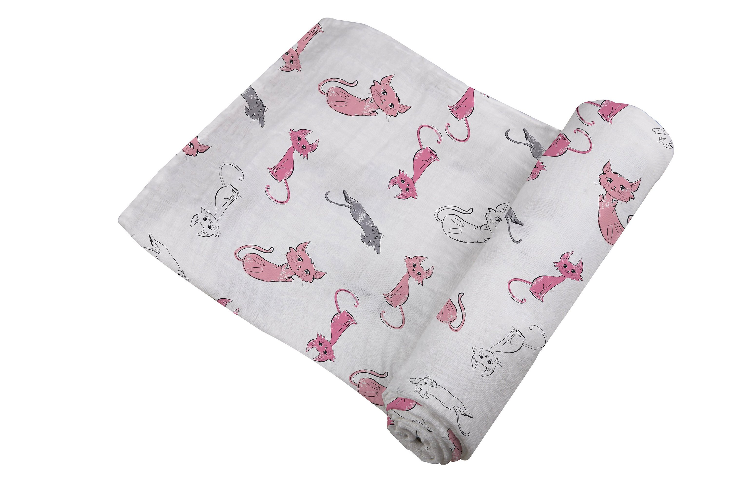 Playful Kitty Bamboo Muslin Swaddle featuring soft, breathable fabric with playful designs, perfect for swaddling and versatile use.