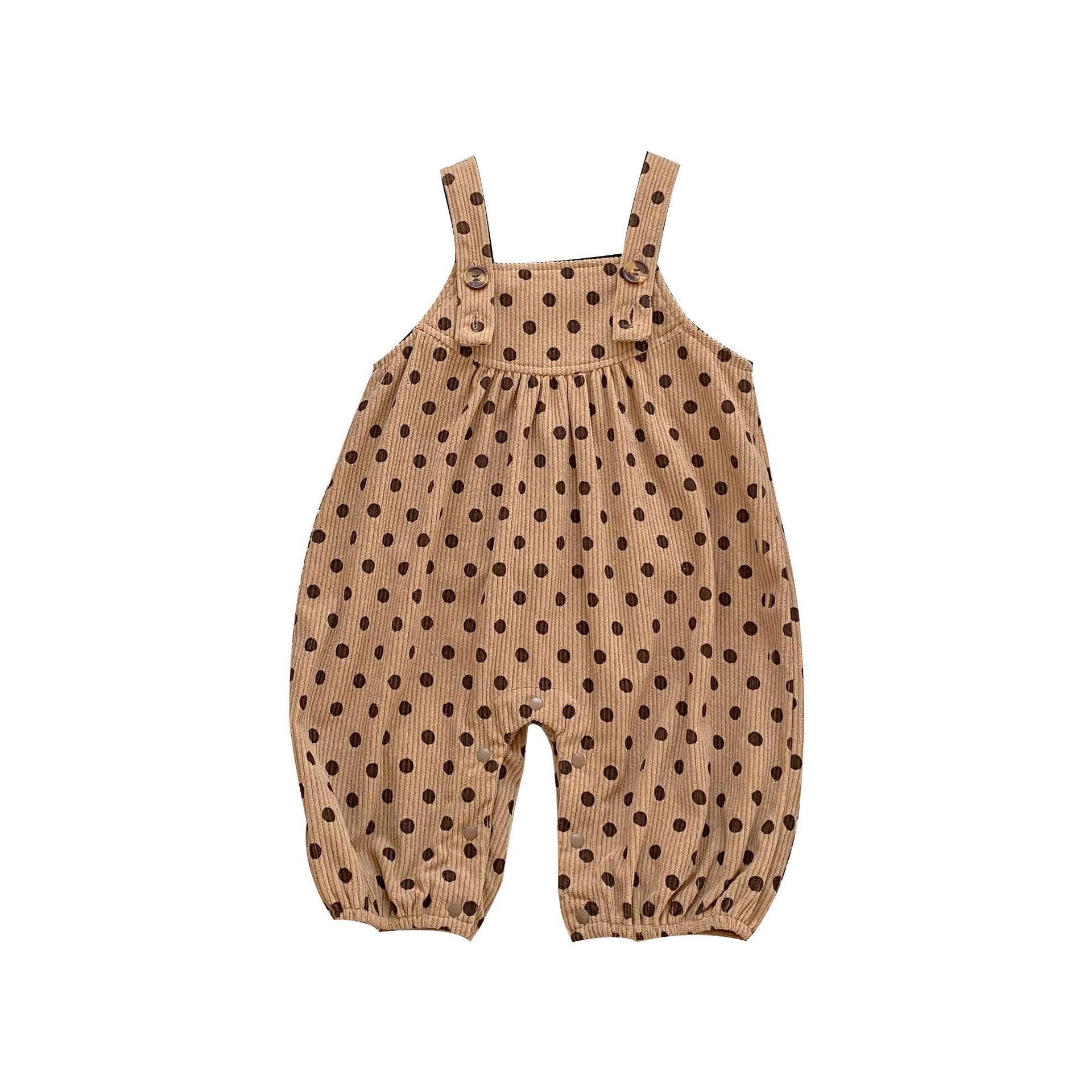 A set of polka dot overalls paired with solid color shirts in various colors, suitable for babies.