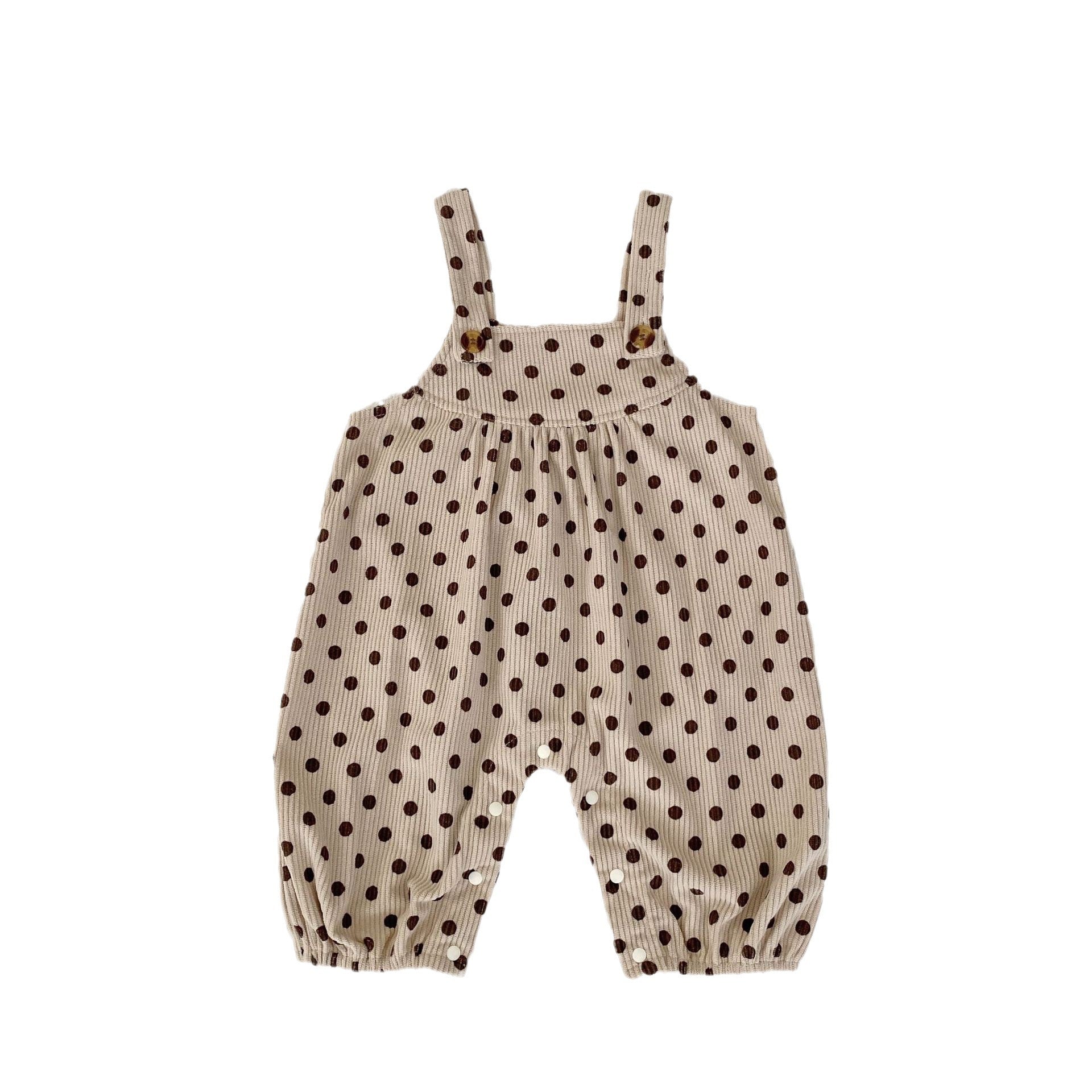 A set of polka dot overalls paired with solid color shirts in various colors, suitable for babies.