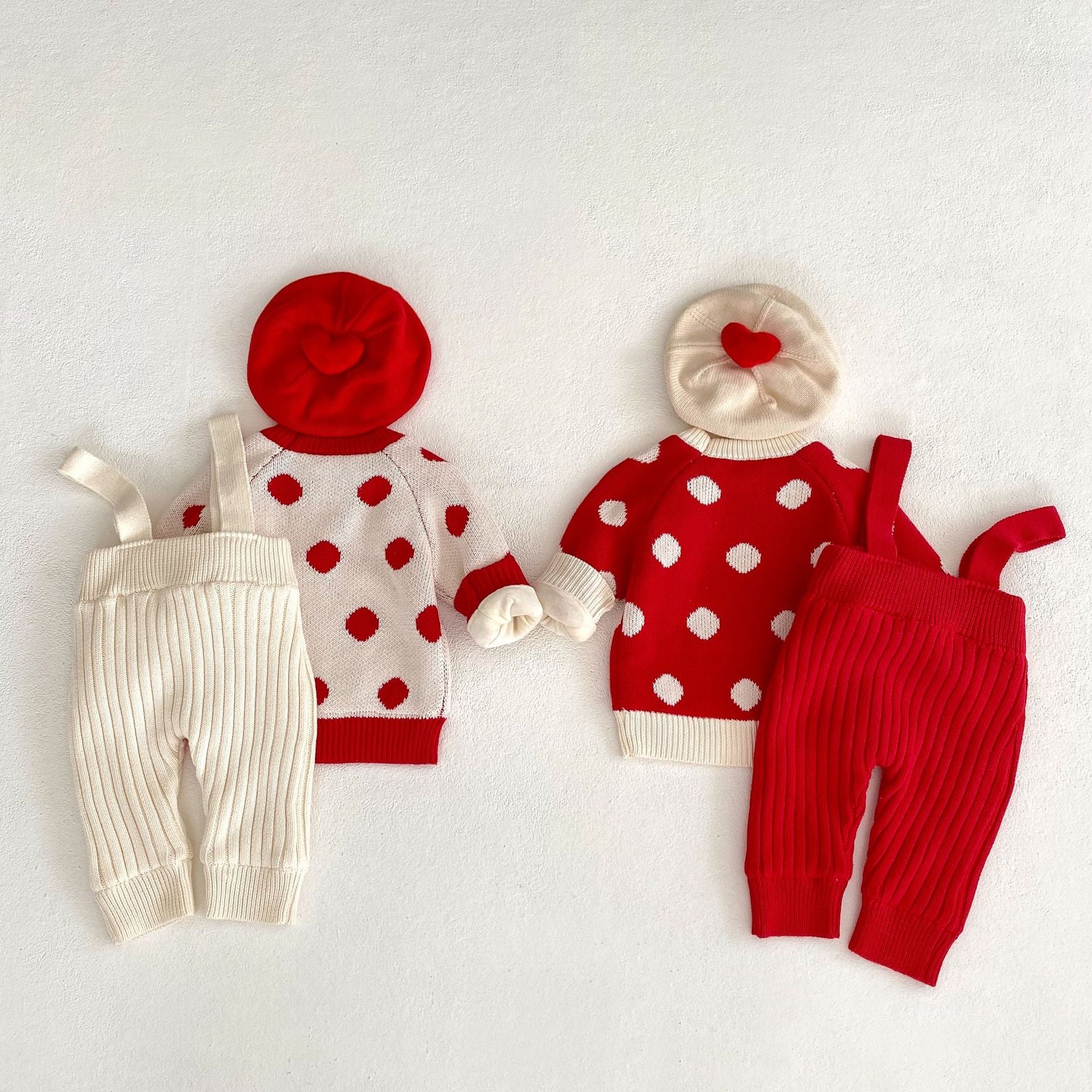 Pompom Design Velvet-In Top Combo Knitwear Pants set for baby girl in red and beige colors, featuring a stylish patchwork design.