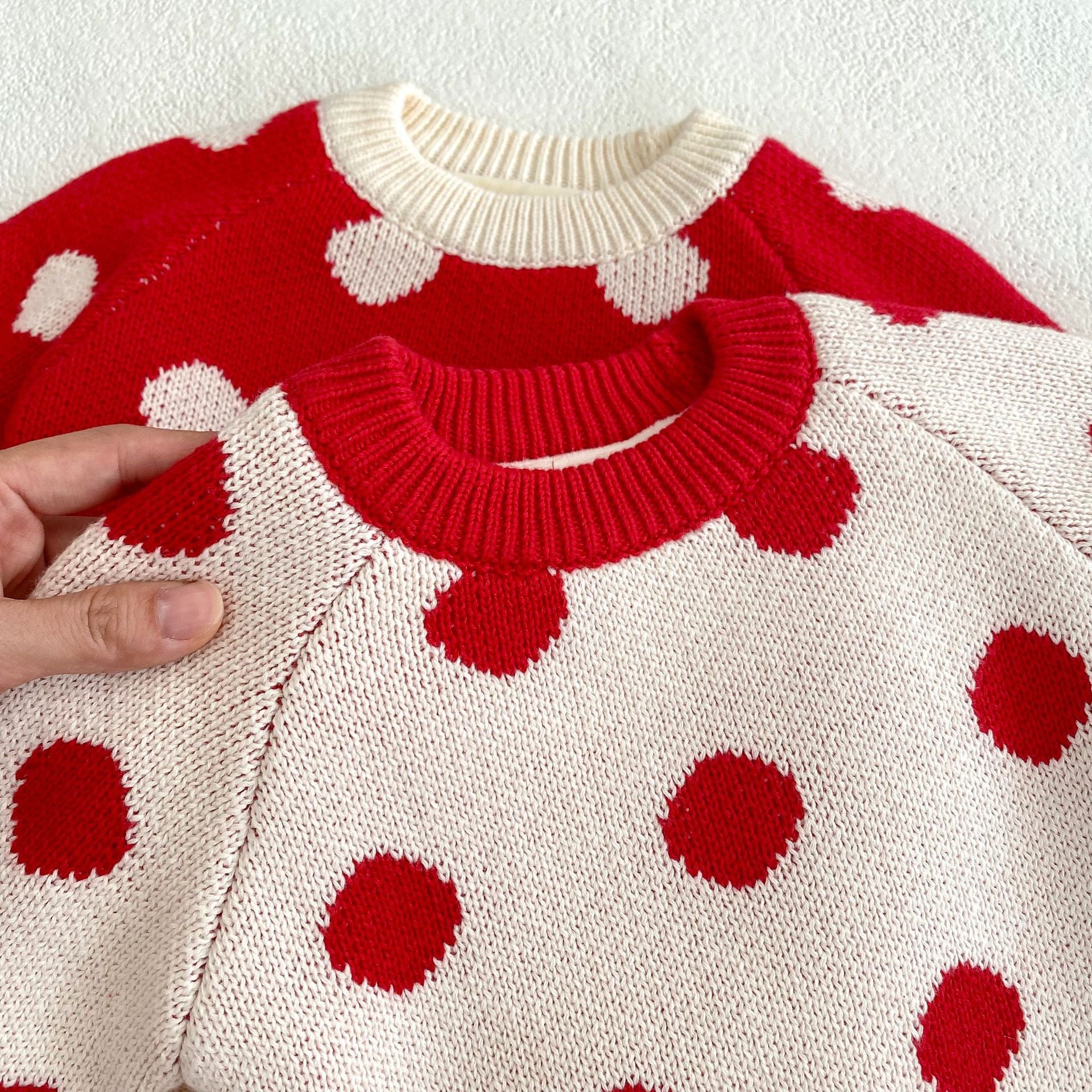 Pompom Design Velvet-In Top Combo Knitwear Pants set for baby girl in red and beige colors, featuring a stylish patchwork design.