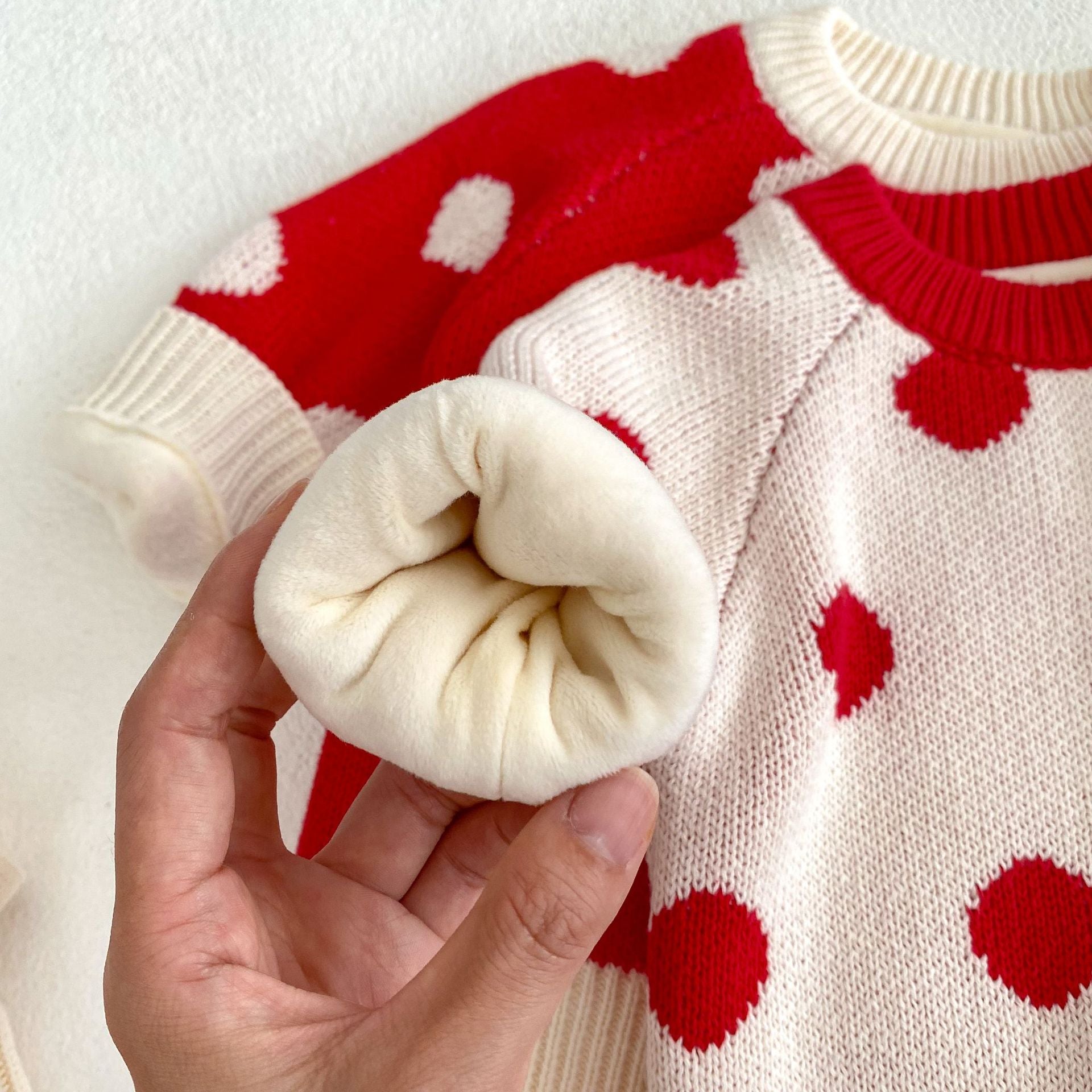 Pompom Design Velvet-In Top Combo Knitwear Pants set for baby girl in red and beige colors, featuring a stylish patchwork design.