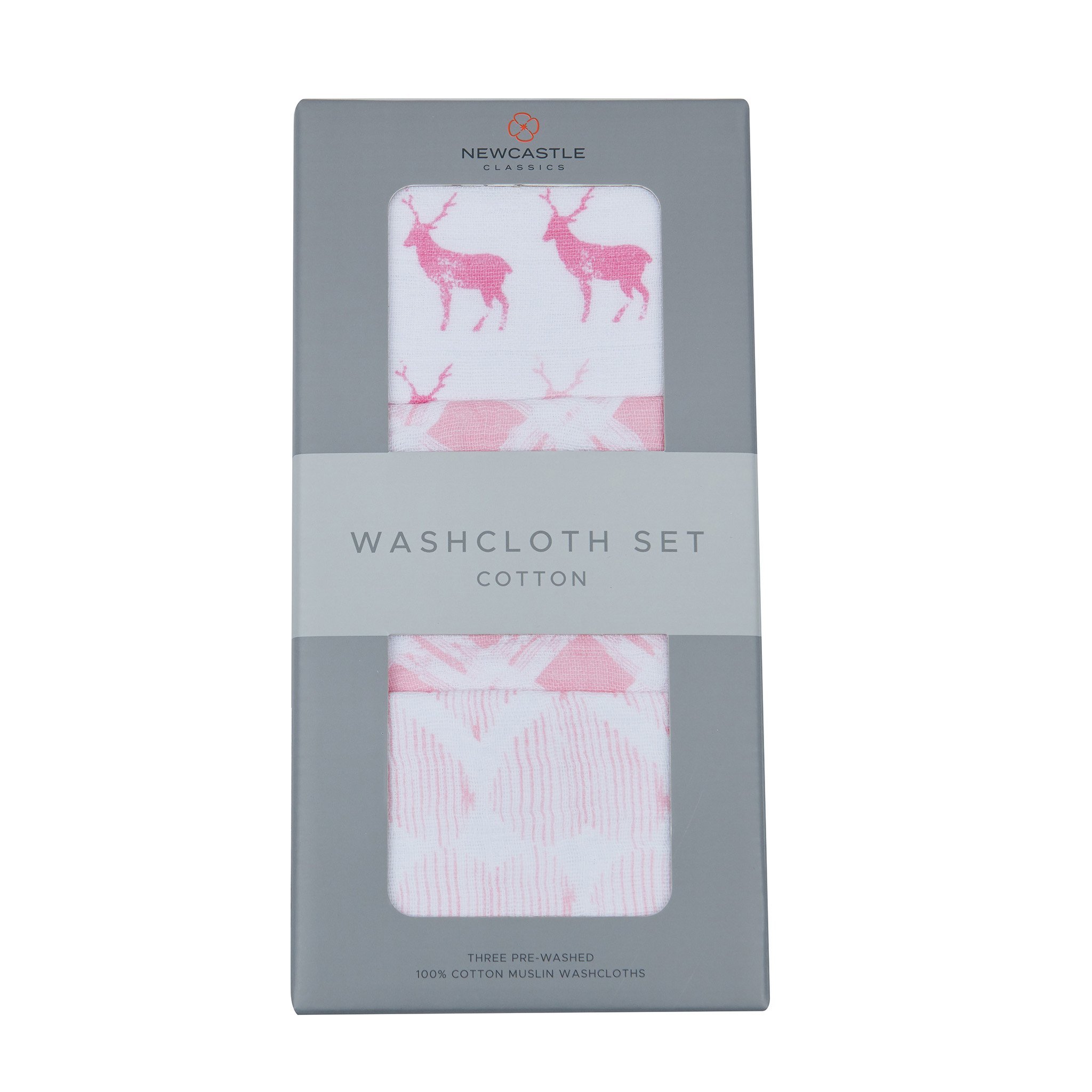 A vibrant set of three pink cotton washcloths, featuring playful prints and an attached loop for easy drying.