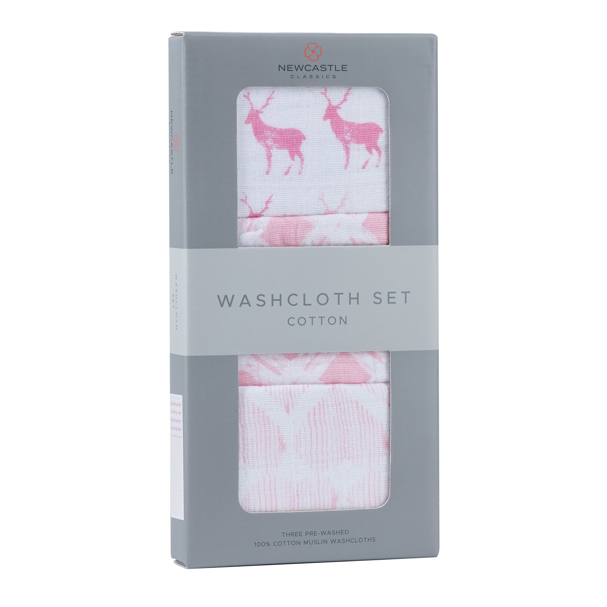 A vibrant set of three pink cotton washcloths, featuring playful prints and an attached loop for easy drying.