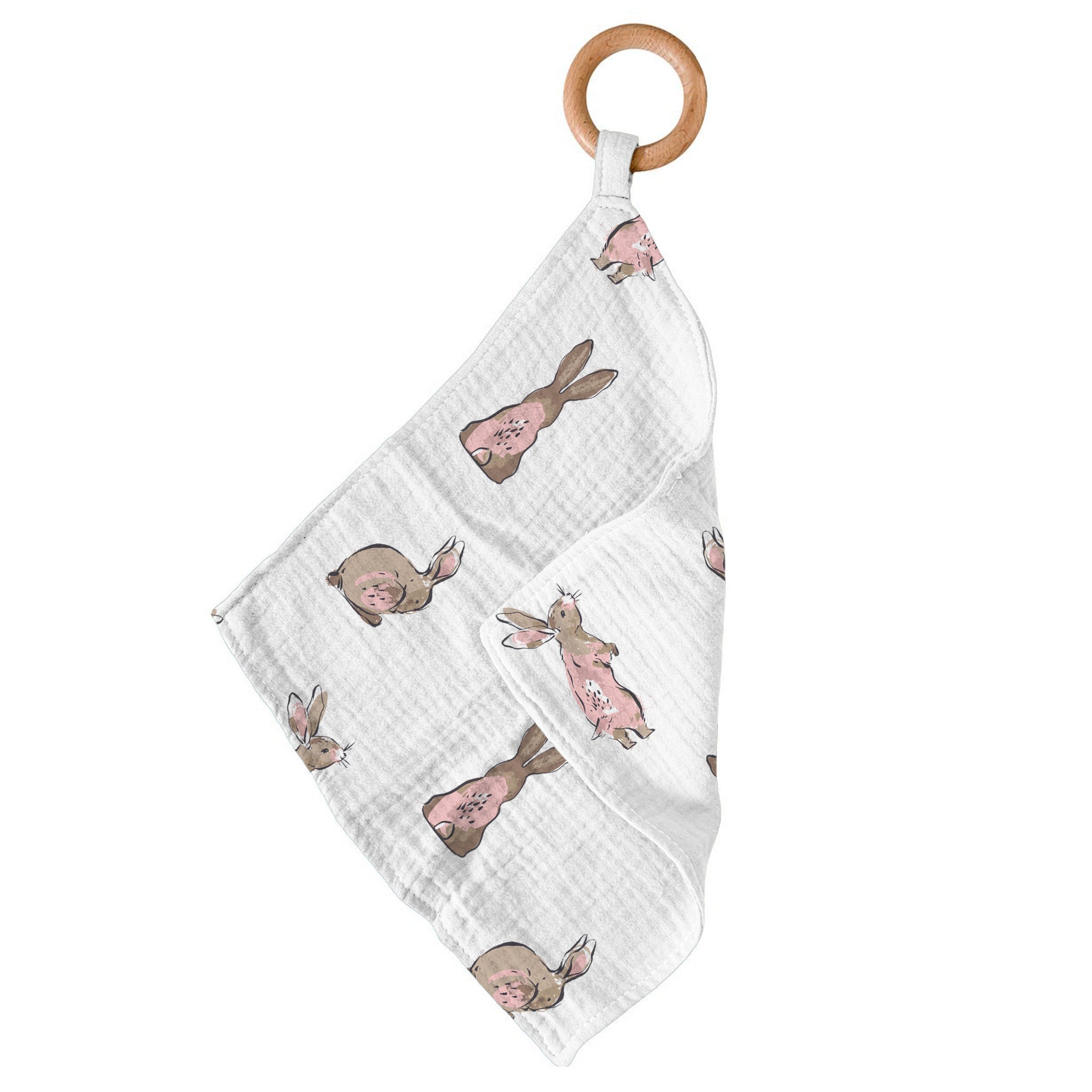 Powder Pink Bunnies Bamboo Newcastle Teether featuring a soft bamboo blankie and a removable beach wood ring.