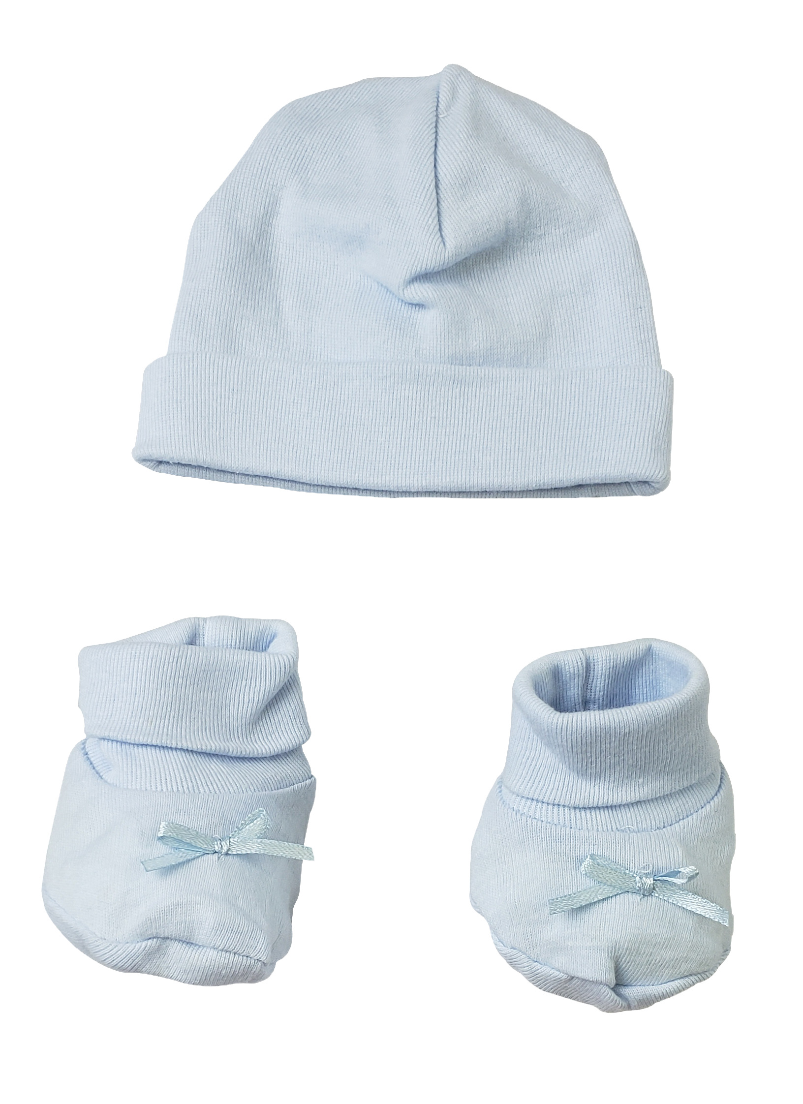 Preemie Baby Cap and Bootie Set in blue, made from soft 100% cotton, perfect for newborns.