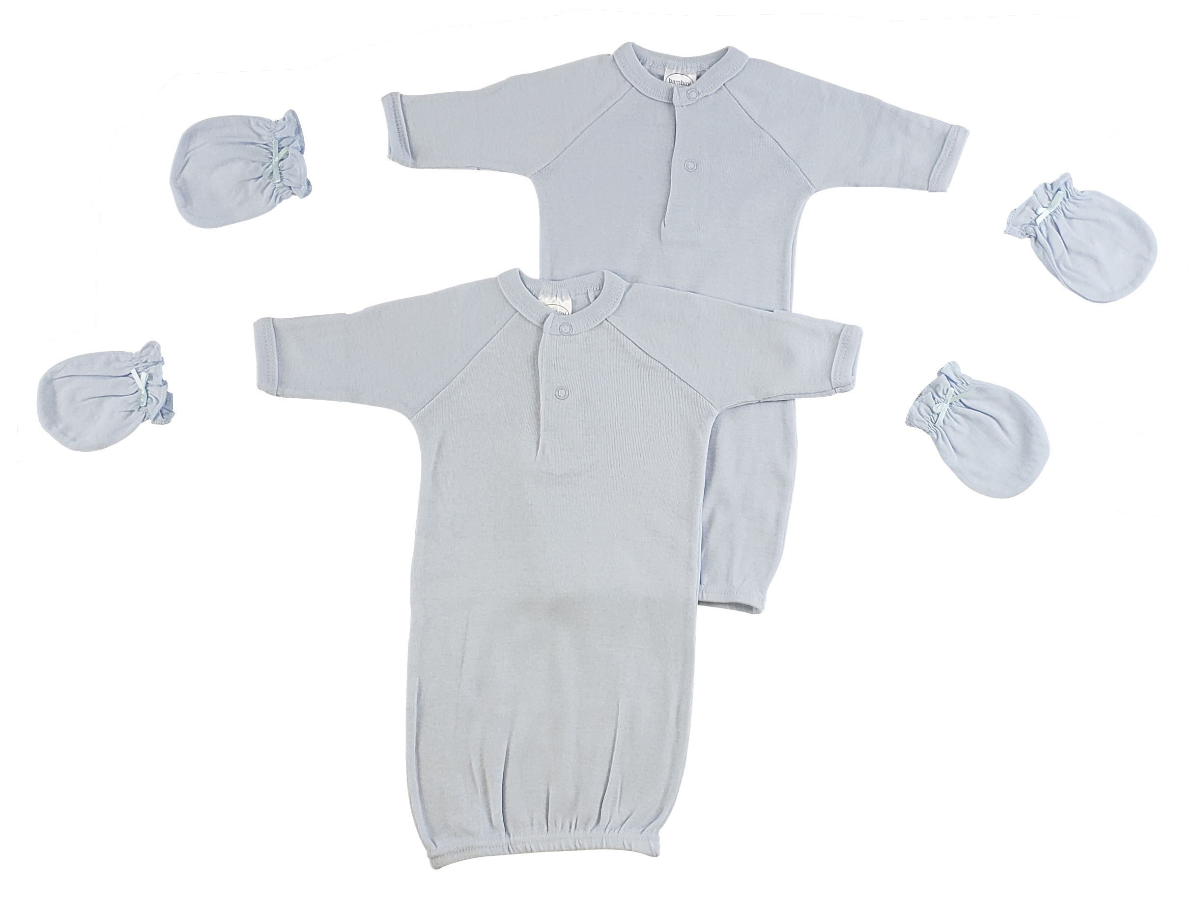 A cozy preemie boys gown and mittens set in blue, made from soft cotton, perfect for newborns.