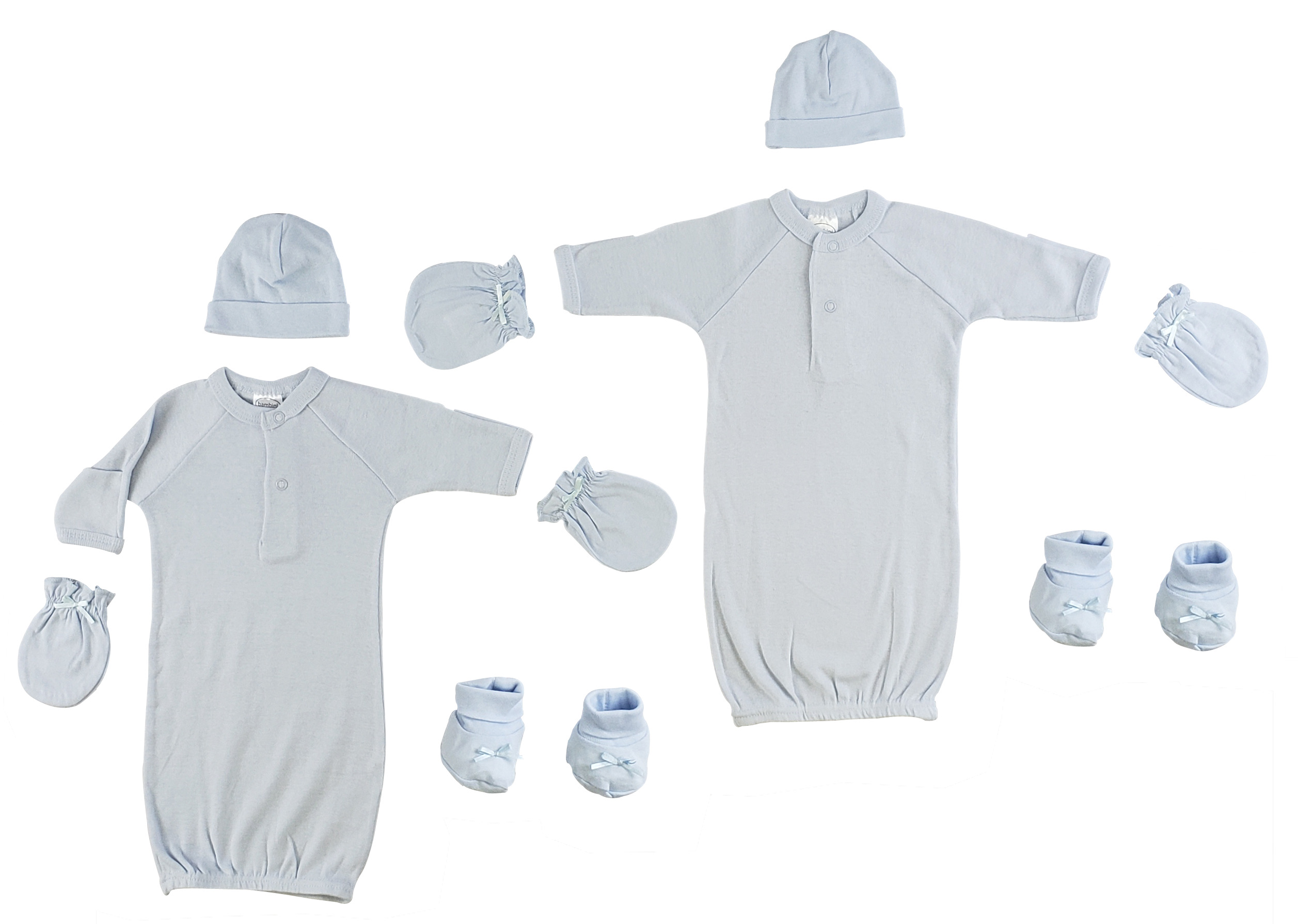 A cozy preemie boys clothing set including gowns, caps, booties, and mittens in soft cotton fabric, perfect for newborn comfort.