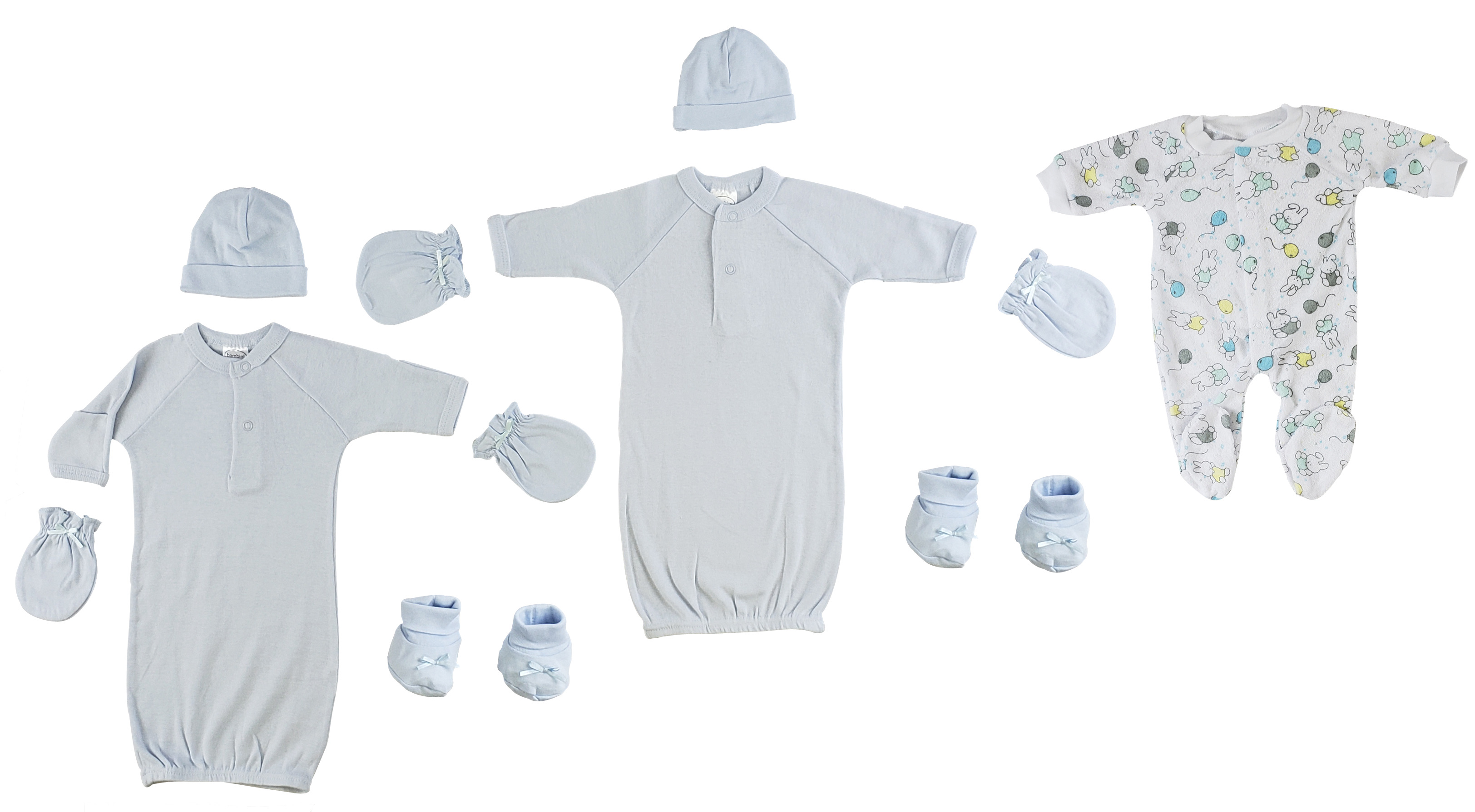 Bambini 8-piece preemie boys layette set including gowns, sleep-n-play, caps, mittens, and booties in soft cotton fabric.