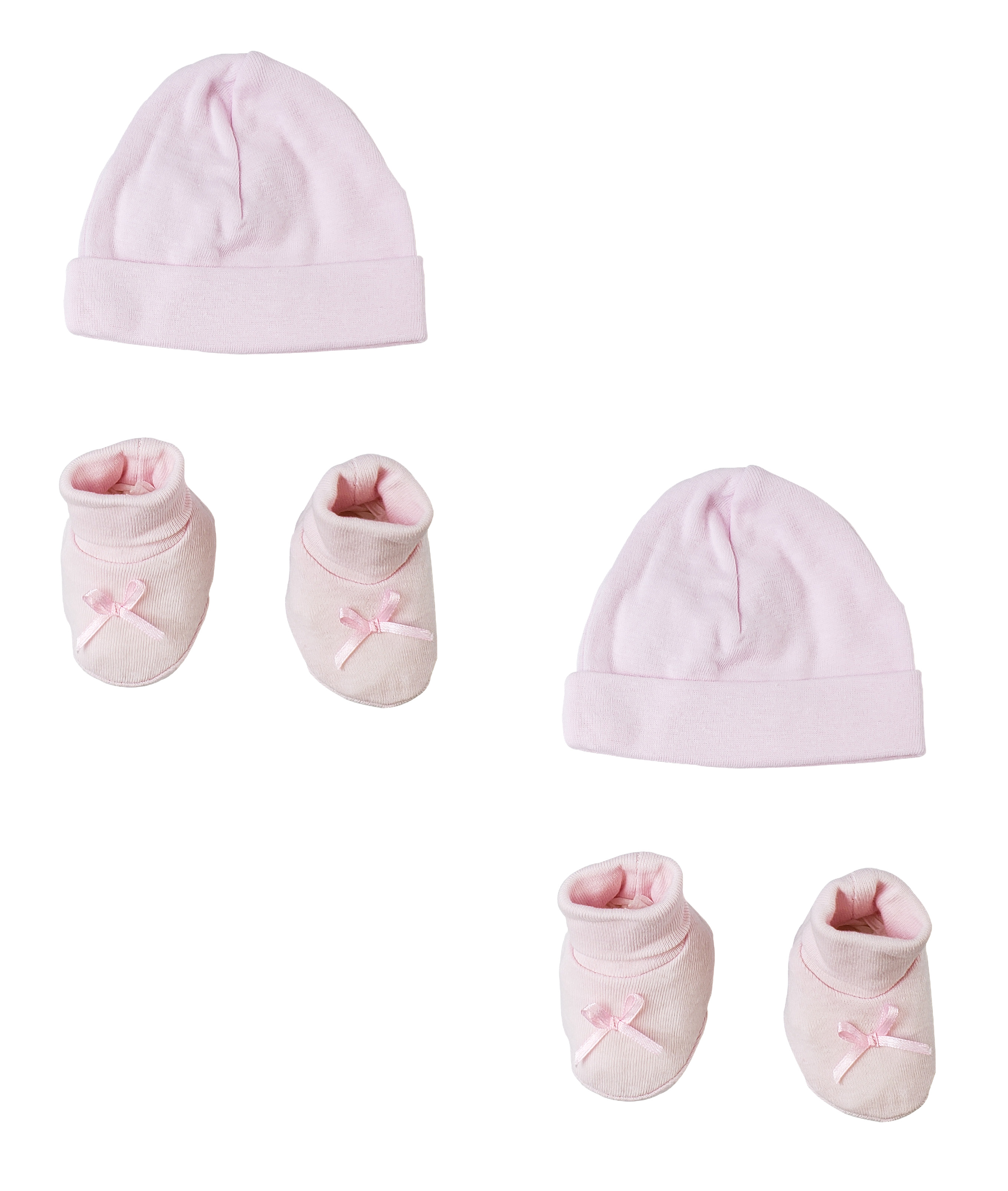 A soft cotton preemie cap and bootie set in pastel colors, perfect for newborns, featuring two caps and two booties for ultimate comfort.