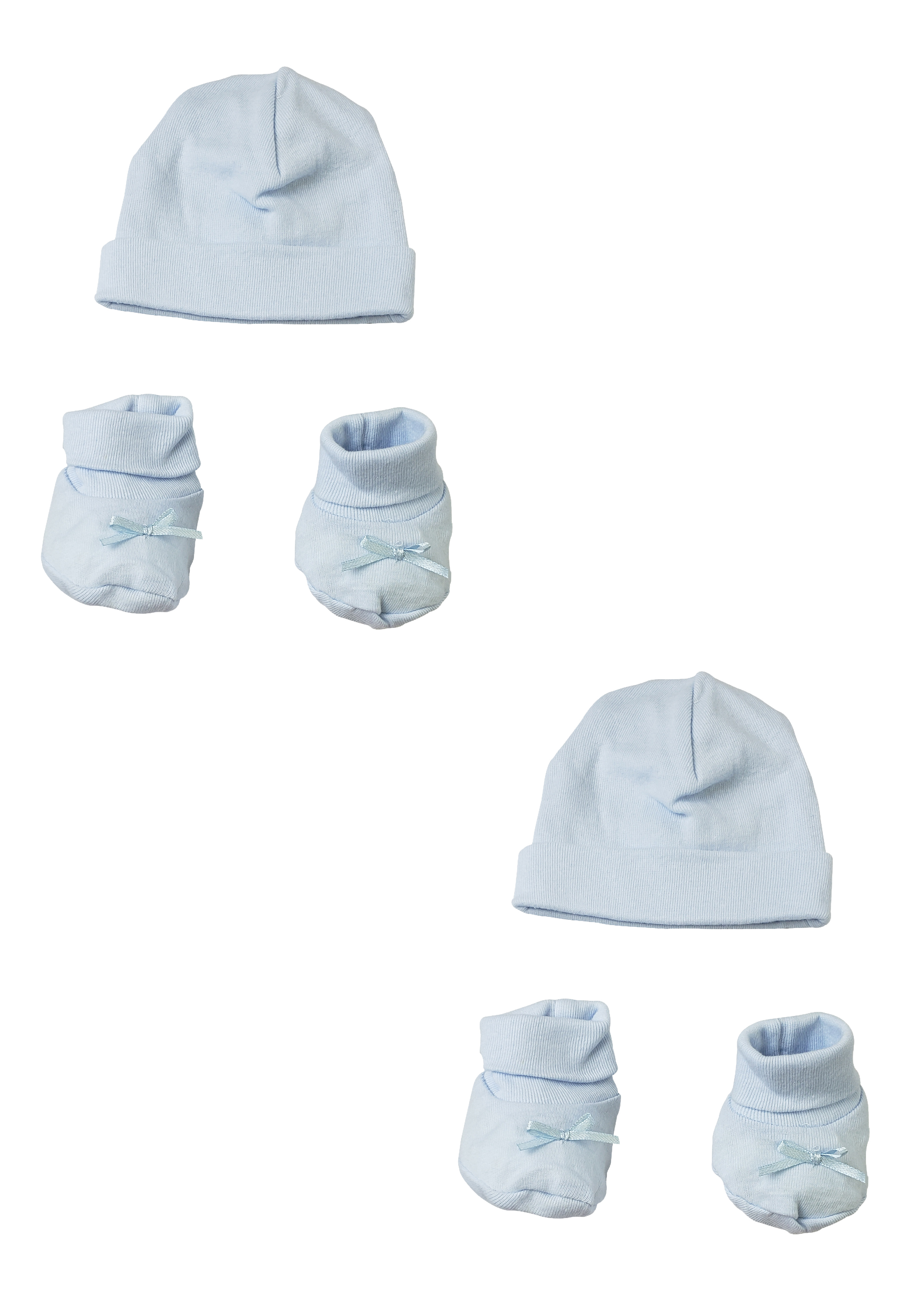 A soft cotton preemie cap and bootie set in pastel colors, perfect for newborns, displayed on a light background.