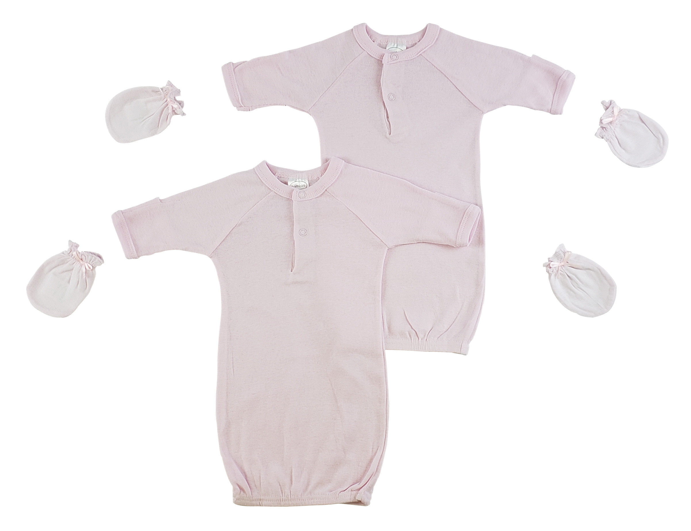 A soft cotton preemie girls gown set in pink, featuring two gowns and matching mittens, perfect for newborn comfort.