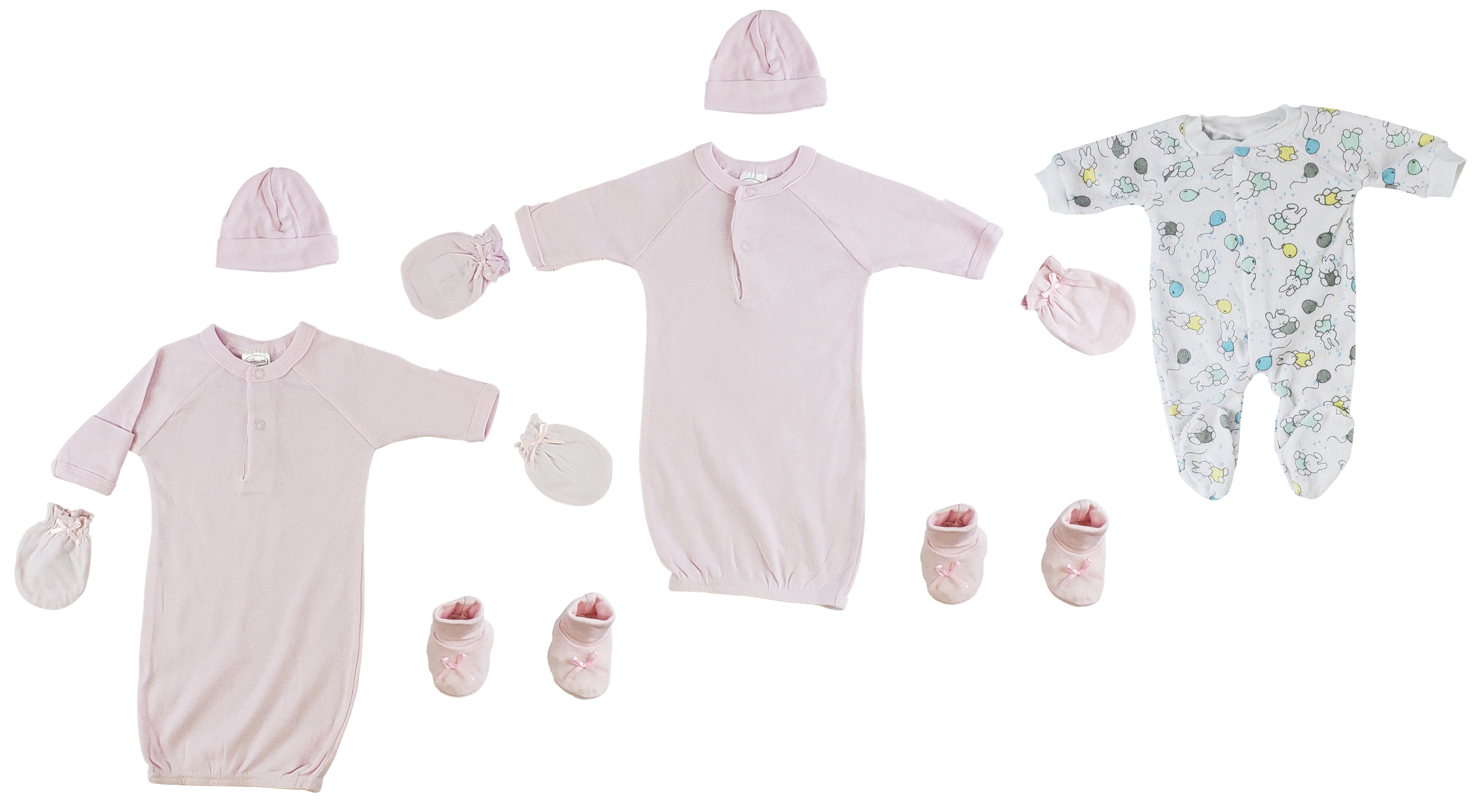 Bambini 8-piece preemie girls layette set featuring gowns, sleep-n-play, caps, mittens, and booties in soft pastel colors.