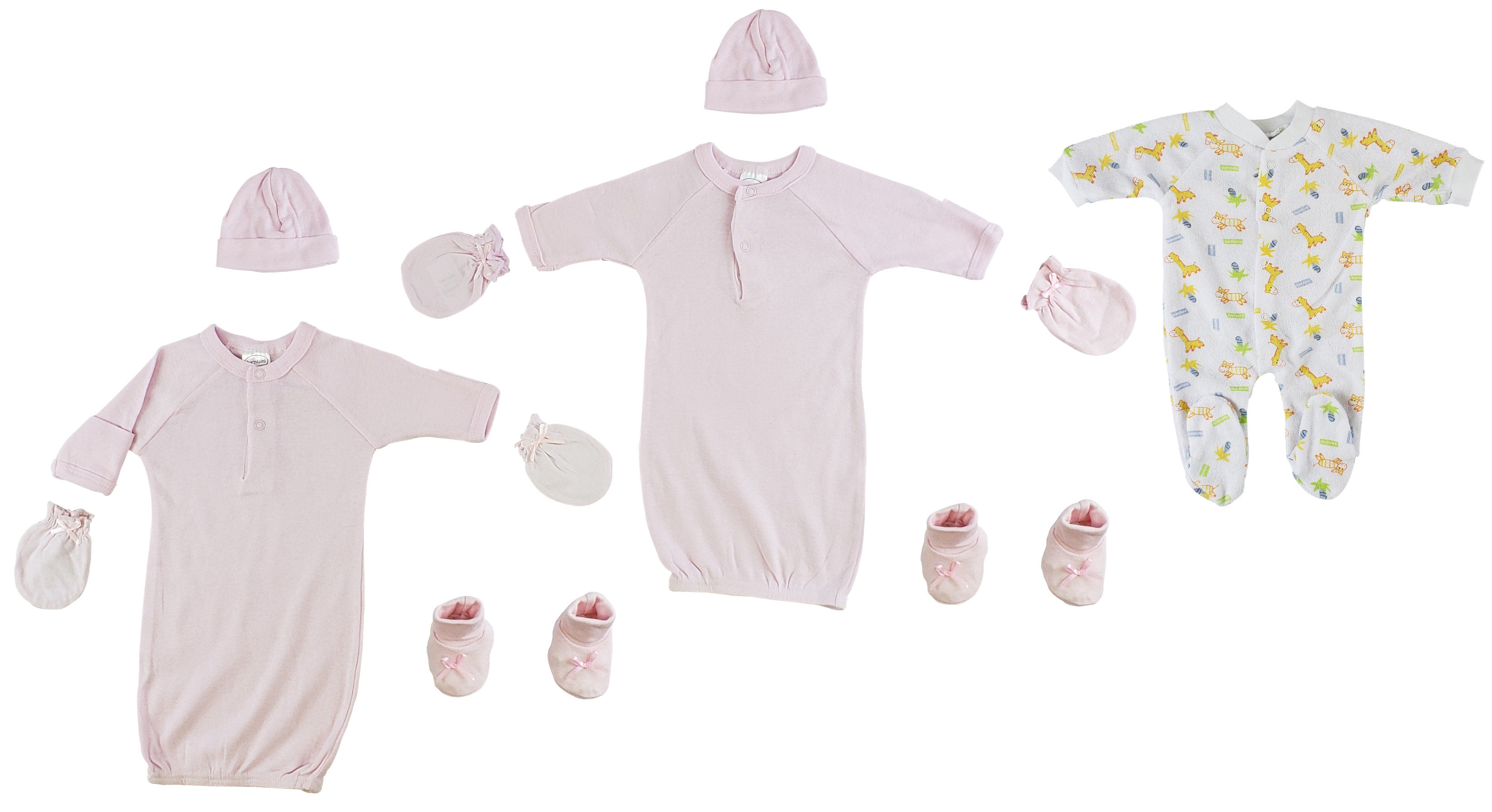 Bambini preemie girls sleep-n-play set featuring pink gowns, mittens, cap, and booties made from soft cotton for comfort.