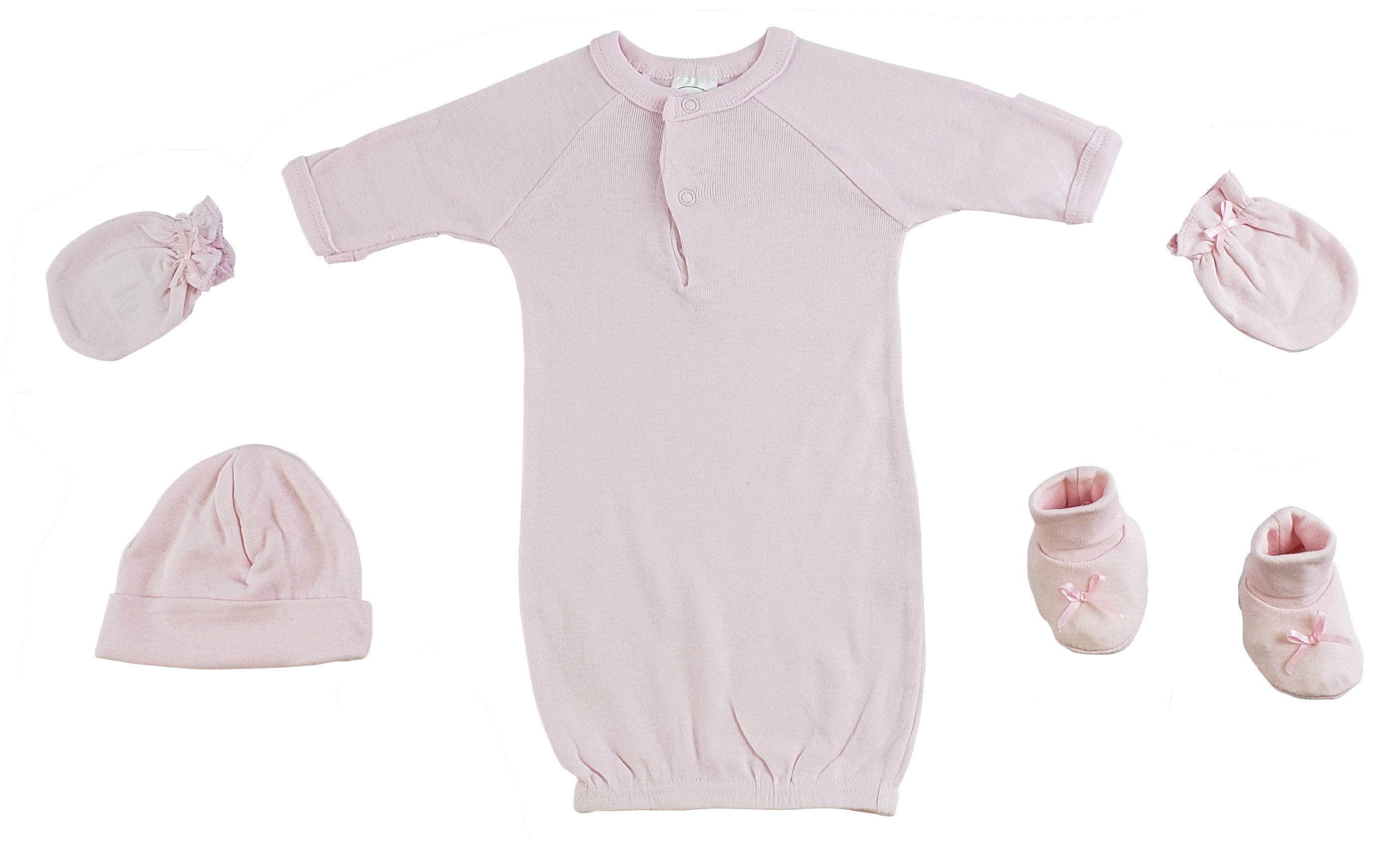 A soft cotton preemie gown set including a pastel cap, mittens, and booties, perfect for newborns.