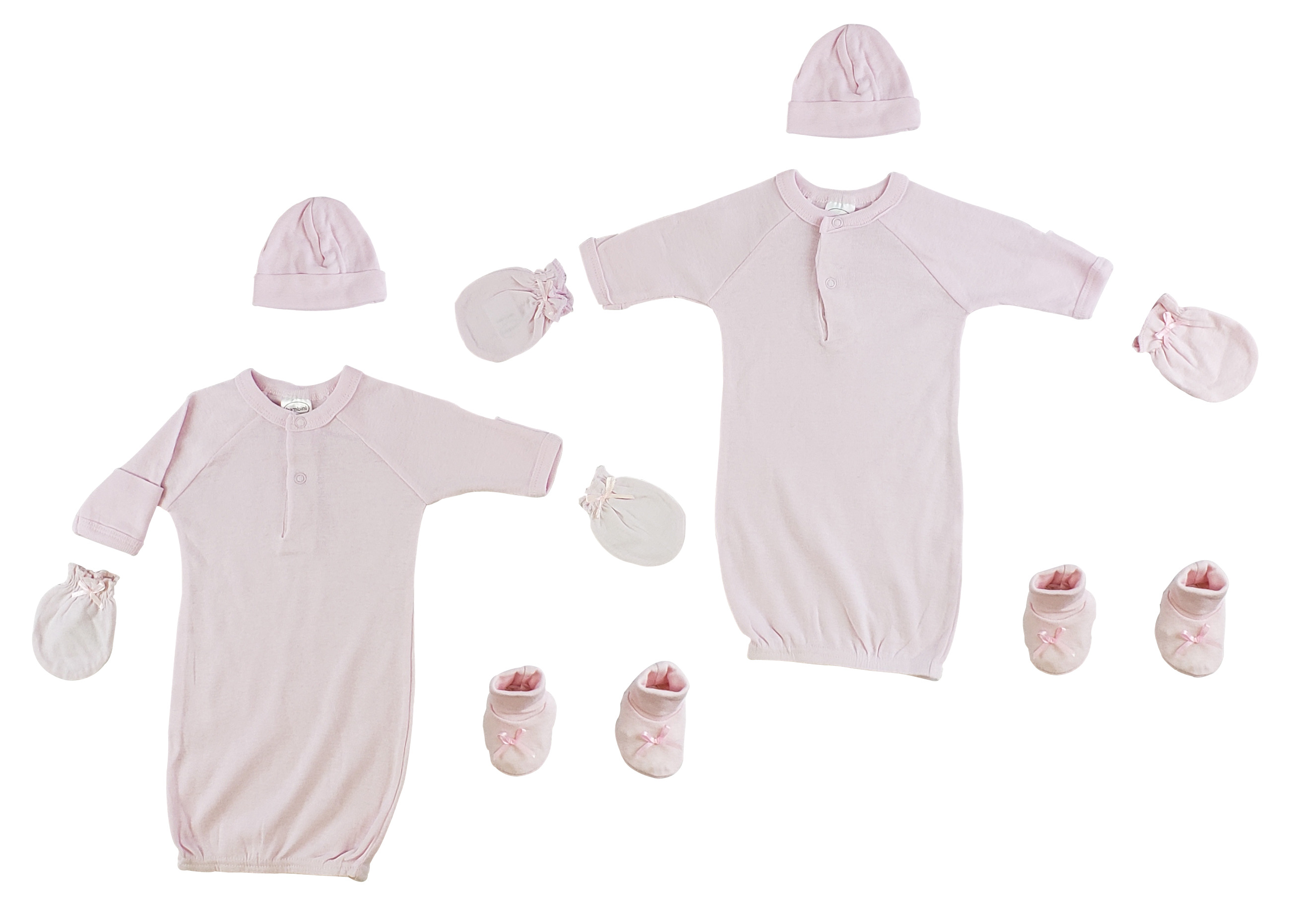 A soft cotton 8-piece set for preemies including a pink gown, cap, mittens, and booties, perfect for newborn comfort.