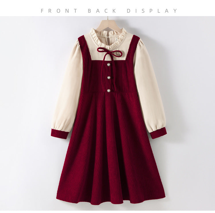 A stylish Preppy Corduroy Long Sleeves Ruffle Crew Neck Thick Dress in red and brown, perfect for winter wear for girls.