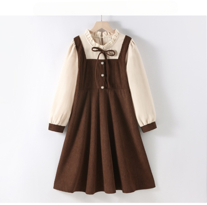 A stylish Preppy Corduroy Long Sleeves Ruffle Crew Neck Thick Dress in red and brown, perfect for winter wear for girls.