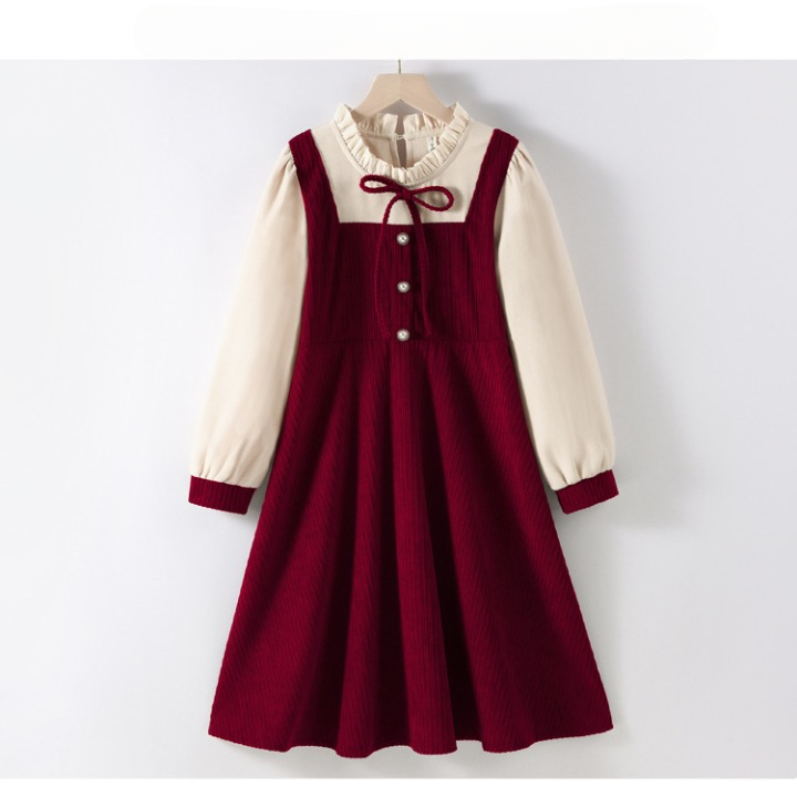 A stylish Preppy Corduroy Long Sleeves Ruffle Crew Neck Thick Dress in red and brown, perfect for winter wear for girls.