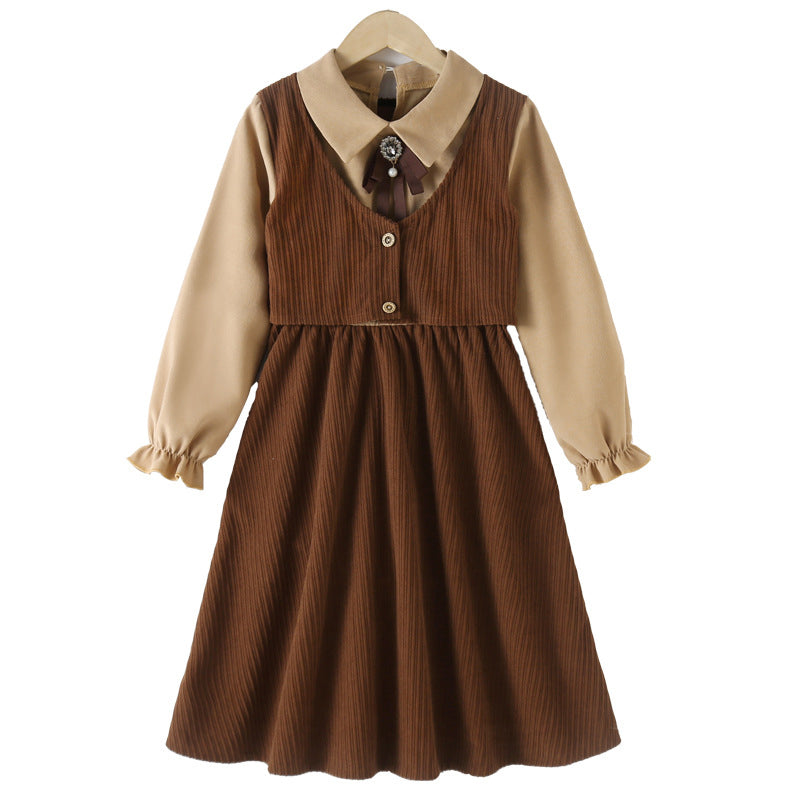 A stylish brown corduroy dress with long sleeves and a turndown collar, perfect for winter wear for girls aged 5-12.