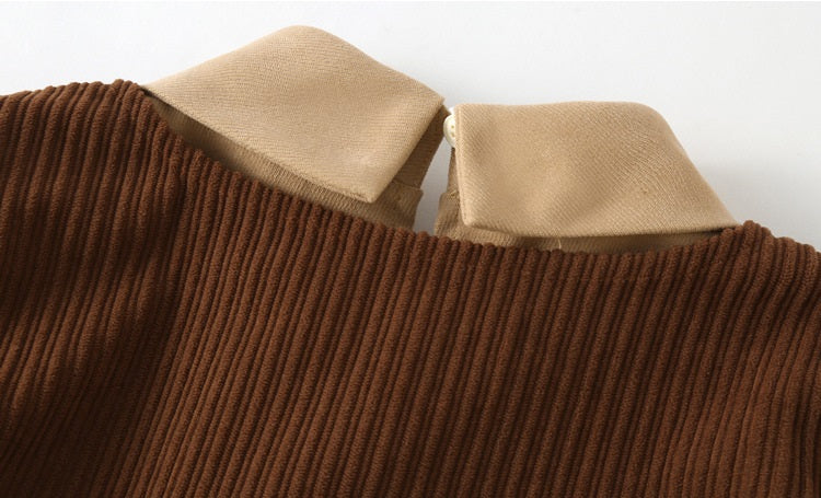 A stylish brown corduroy dress with long sleeves and a turndown collar, perfect for winter wear for girls aged 5-12.