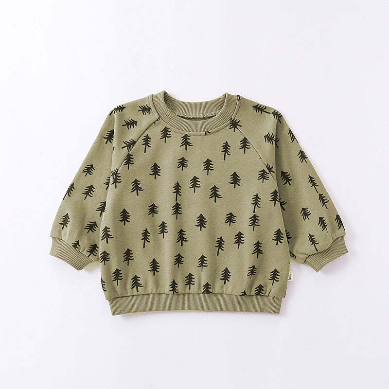 A stylish Print Pattern Crewneck Hoodie and Trousers Set in green and beige, made from soft cotton, perfect for summer wear for babies.