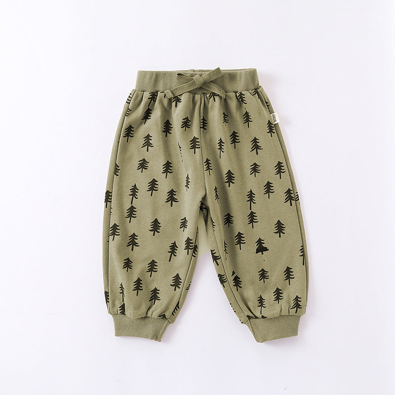 A stylish Print Pattern Crewneck Hoodie and Trousers Set in green and beige, made from soft cotton, perfect for summer wear for babies.