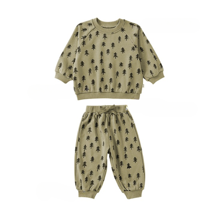 A stylish Print Pattern Crewneck Hoodie and Trousers Set in green and beige, made from soft cotton, perfect for summer wear for babies.