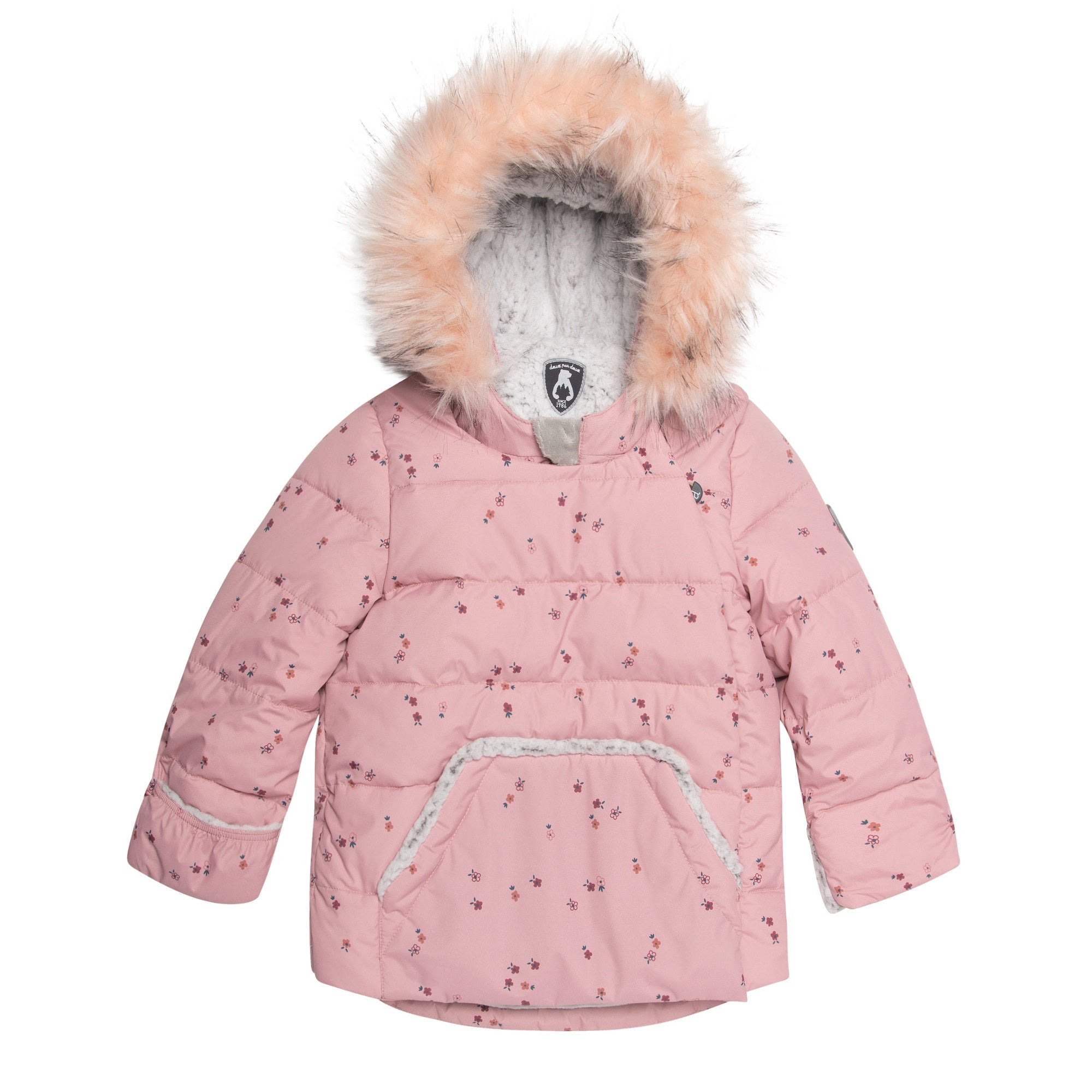 A pink two-piece baby snowsuit featuring a floral printed jacket and solid pants, designed for warmth and style in cold weather.