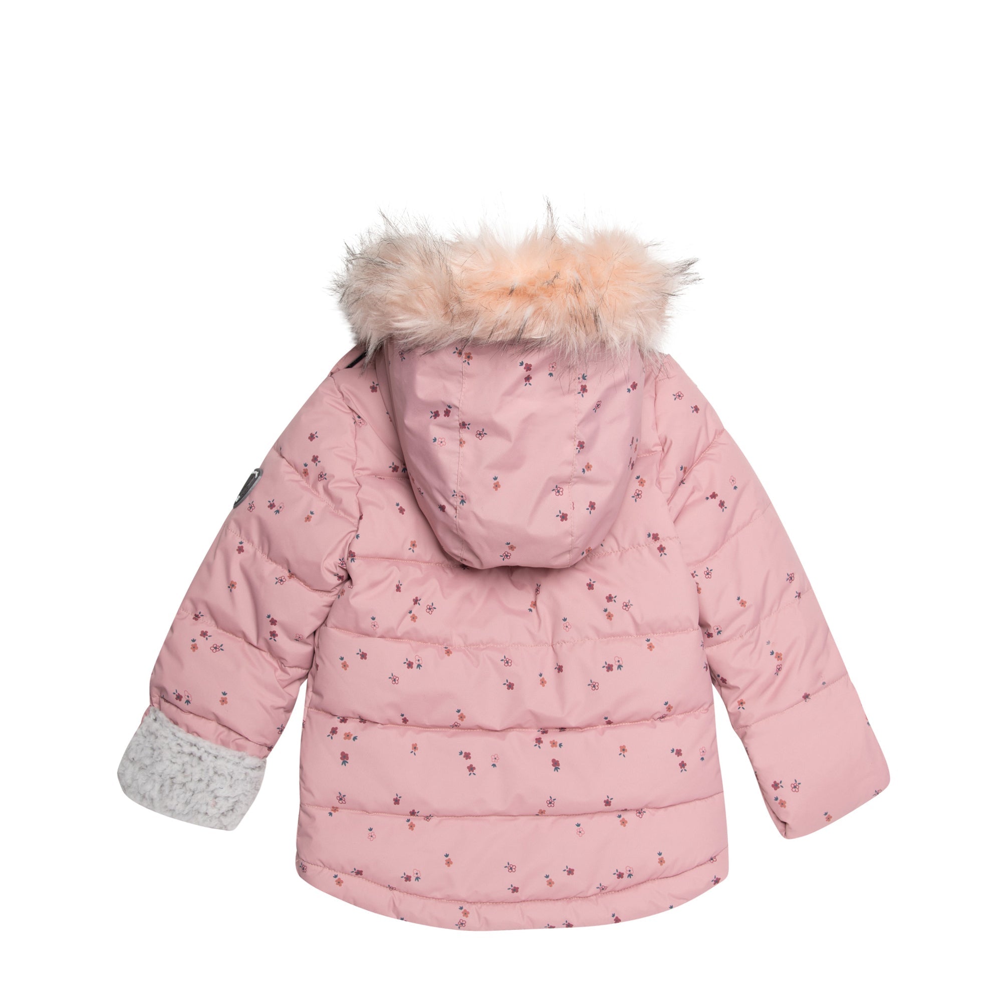 A pink two-piece baby snowsuit featuring a floral printed jacket and solid pants, designed for warmth and style in cold weather.