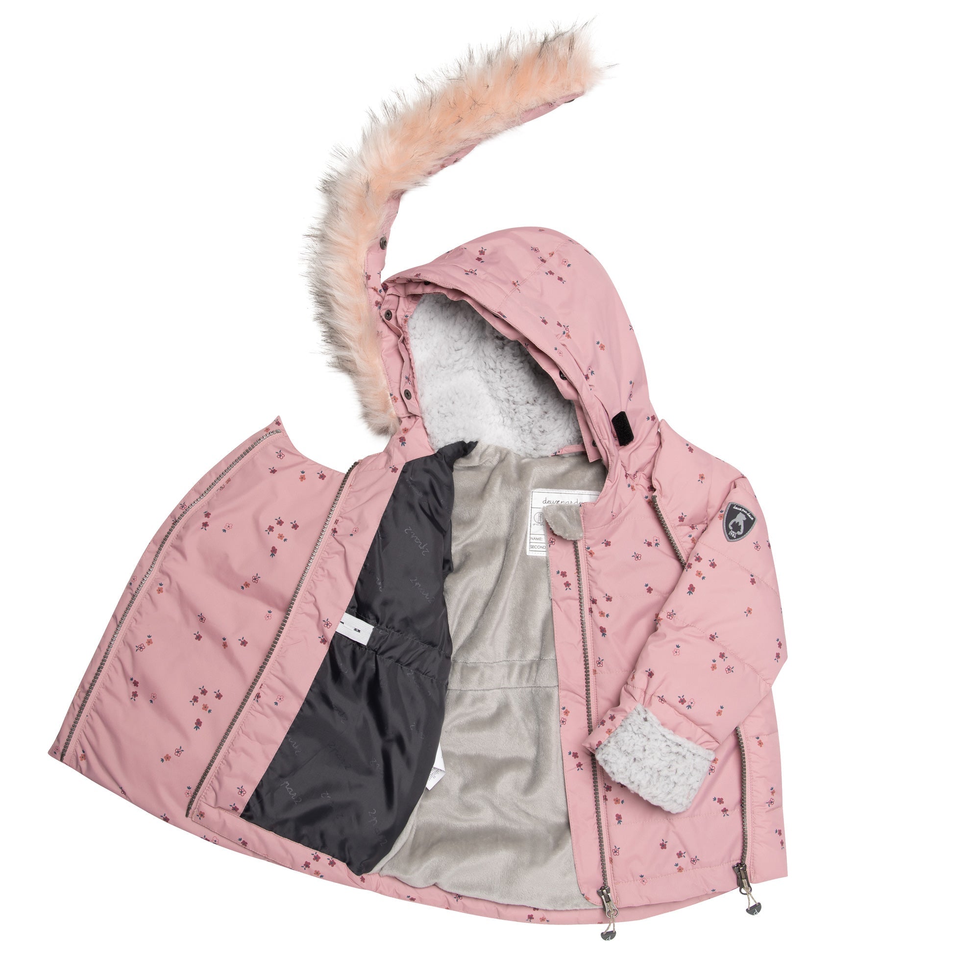 A pink two-piece baby snowsuit featuring a floral printed jacket and solid pants, designed for warmth and style in cold weather.